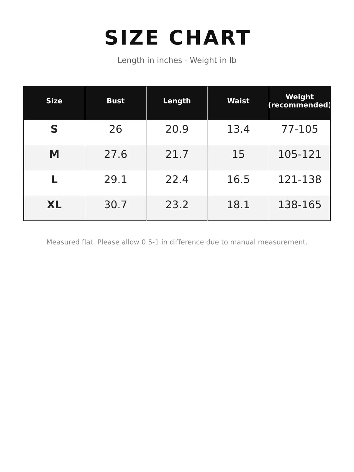 Slim-Fit Sleeveless Crew Neck Tank Top — size and measurement chart