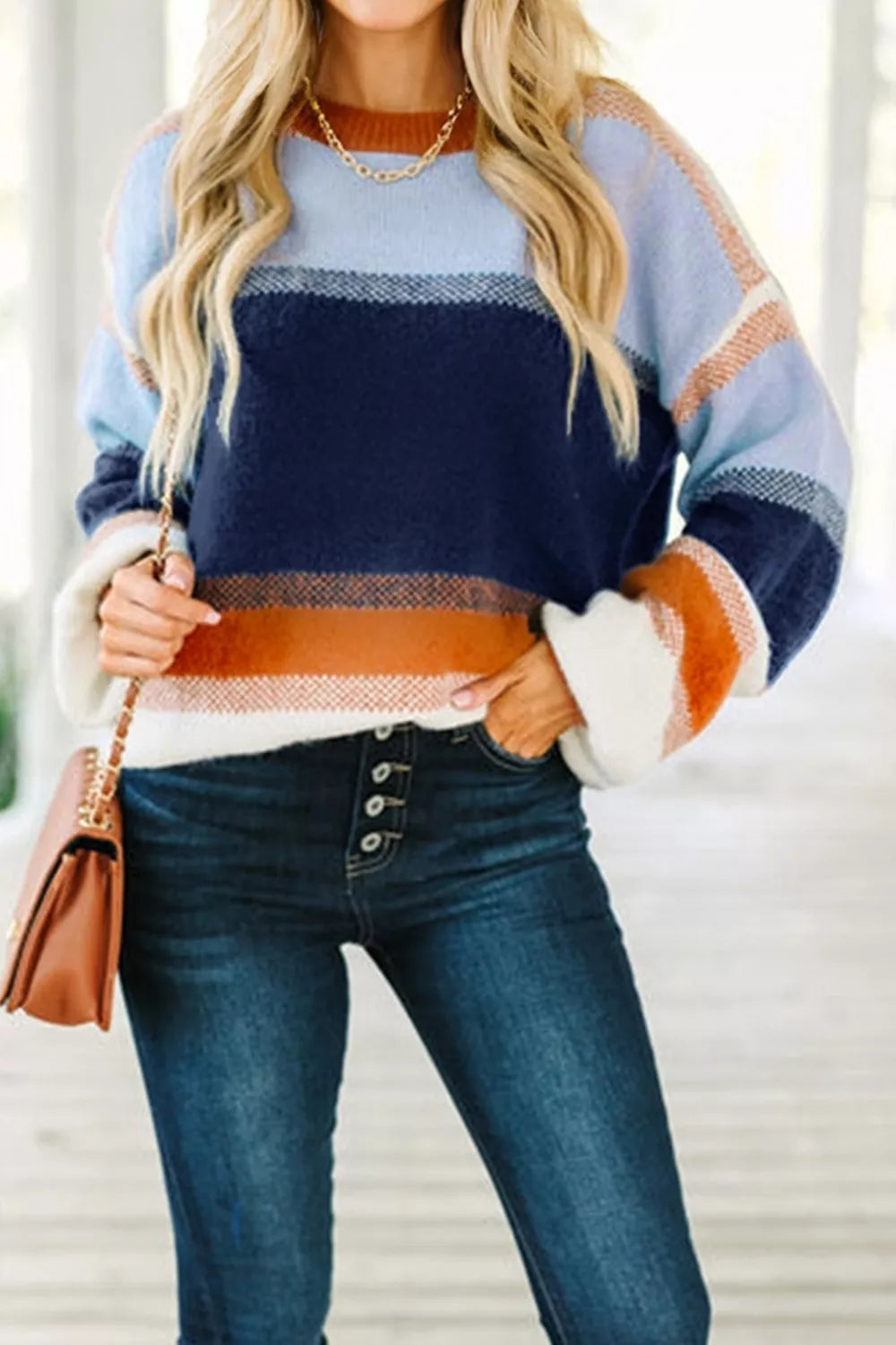 Trendsi Color Block Round Neck Tunic Sweater -