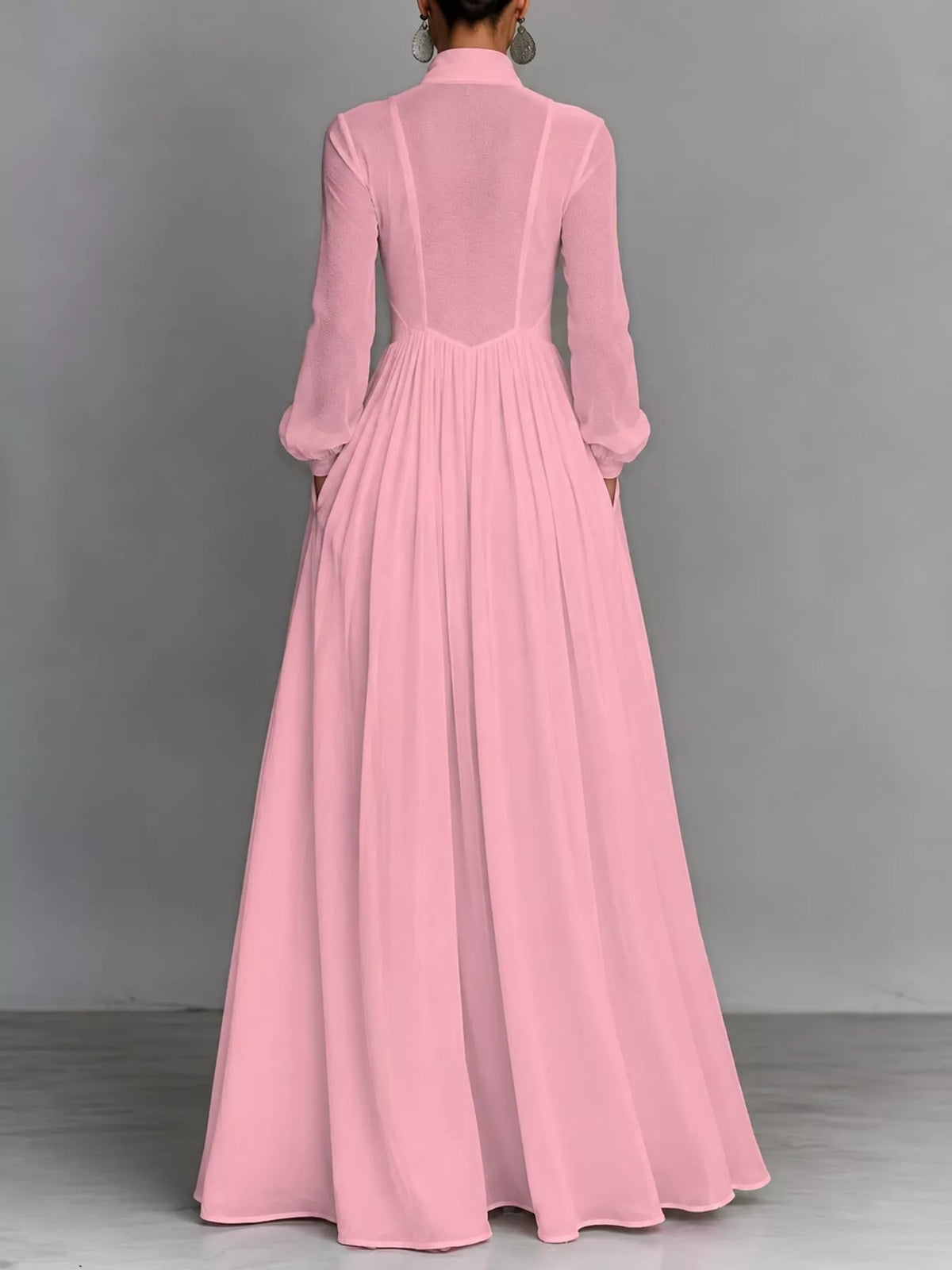 Pink long sleeve button-front maxi dress, back view