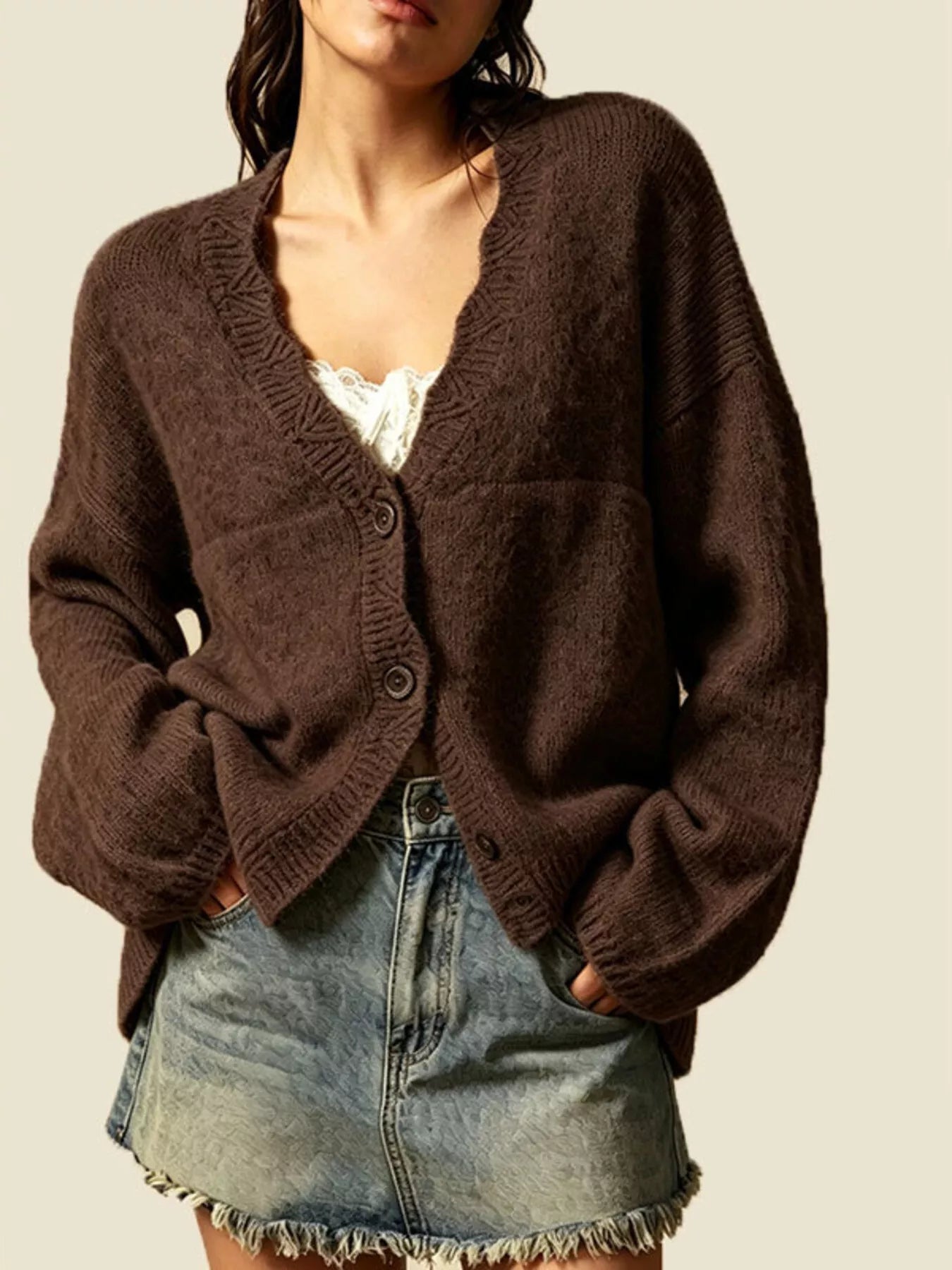 Trendsi V-Neck Button-Down Knit Cardigan -