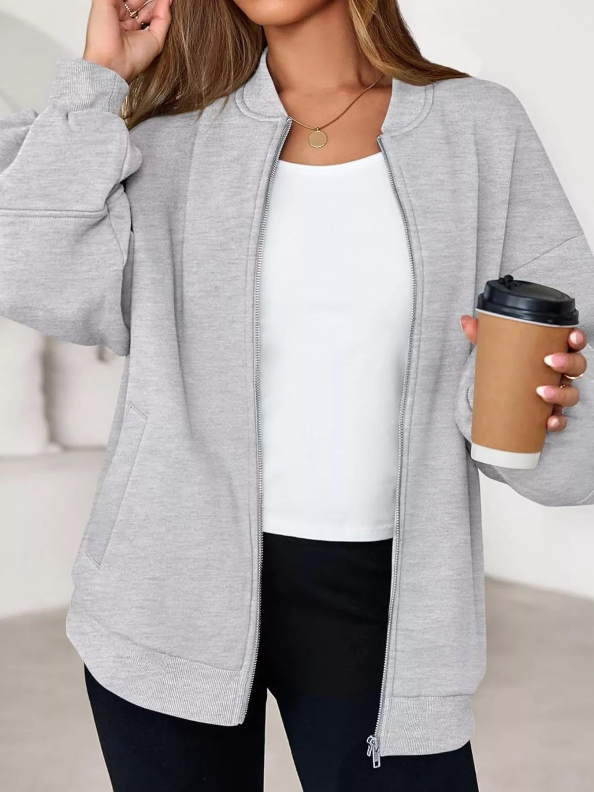 Gray oversized zip-up jacket — front view