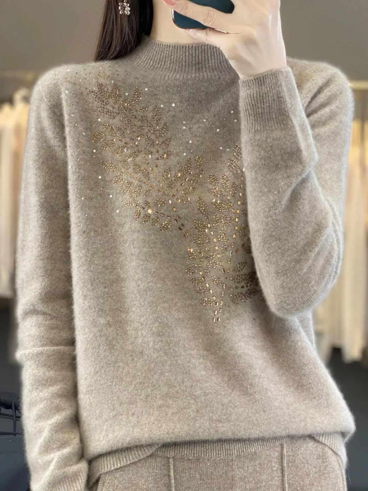 Rhinestone Leaf Mock Neck Sweater — front view