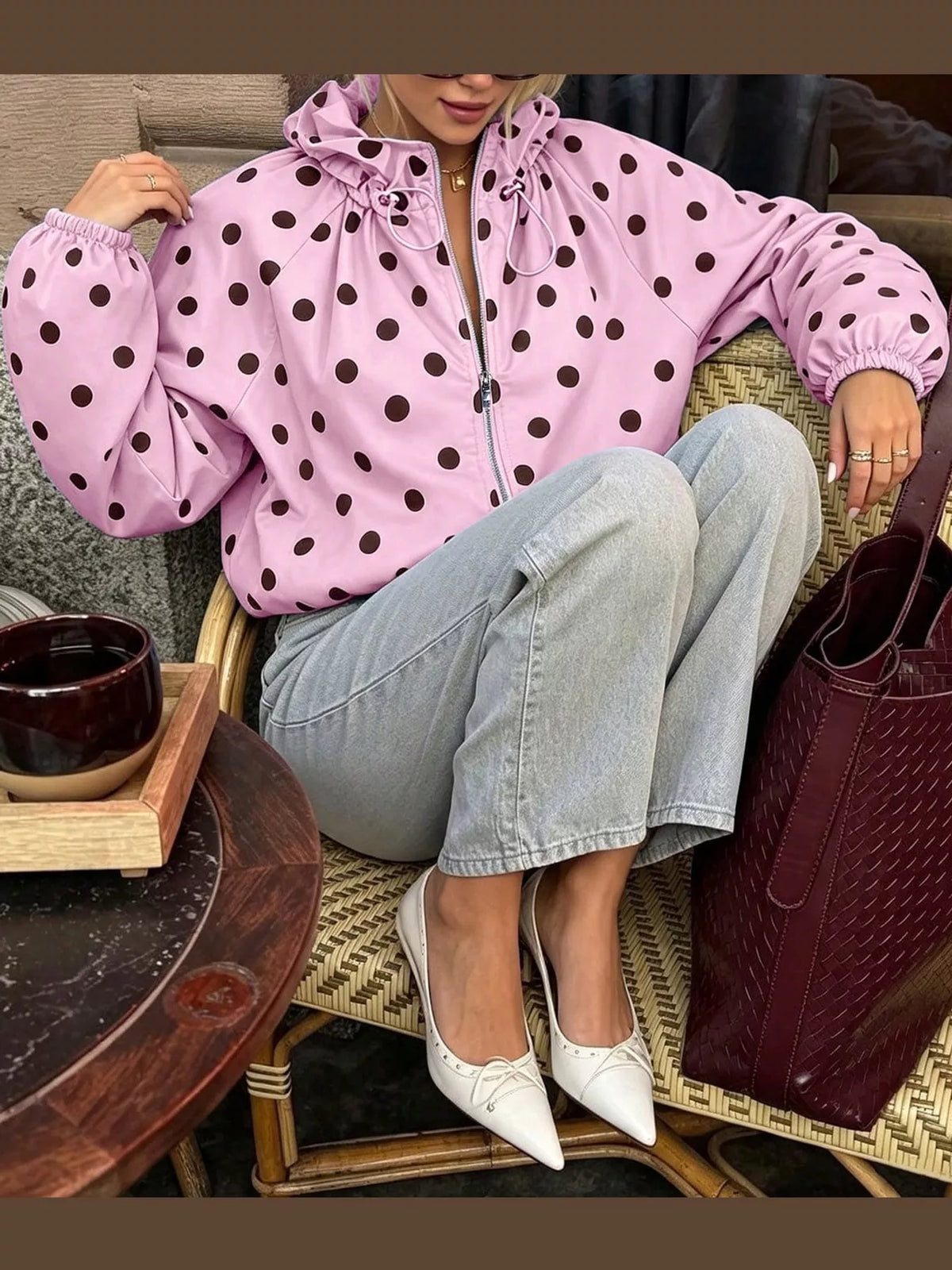 Polka Dot Drawstring Zip-Up Jacket — front view
