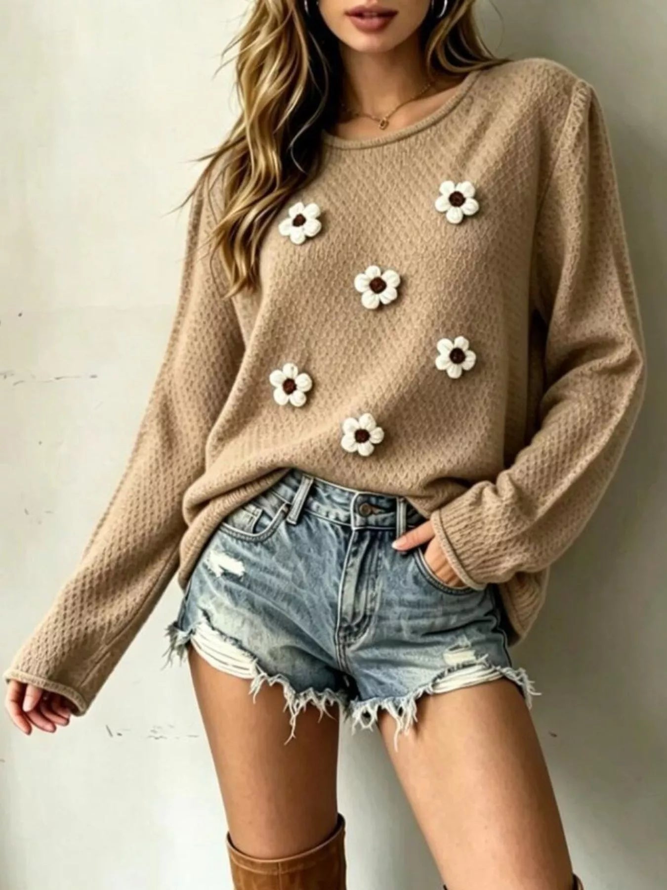 Trendsi Full Size Floral Applique Textured Knit Sweater Plus Size -
