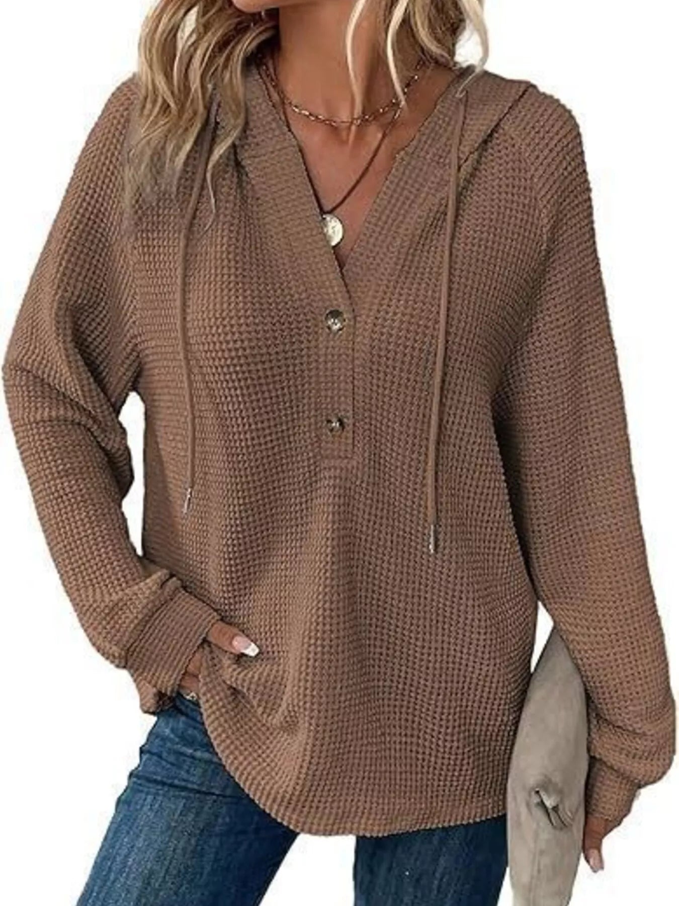 Trendsi Full Size Waffle Knit Half-Button Hoodie Plus Size -