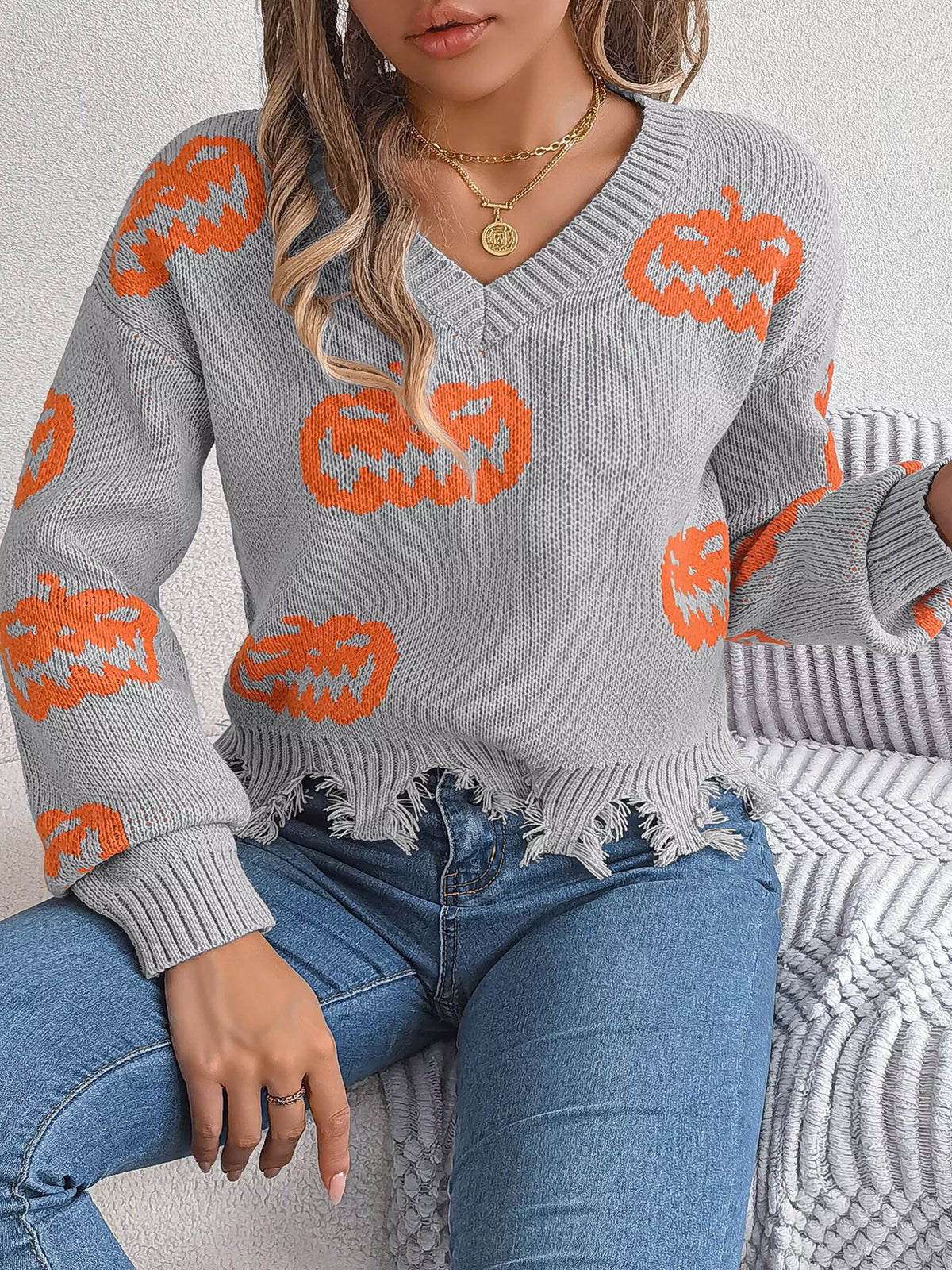 Pumpkin Distressed Hem Sweater in gray, front view