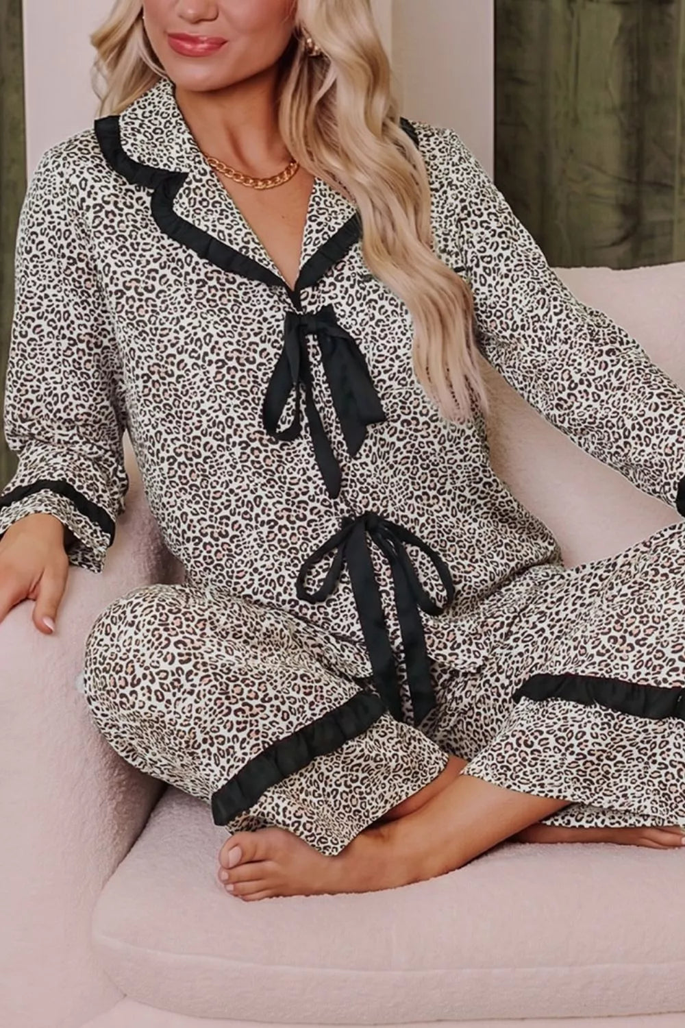 Trendsi Leopard Print Bow Knot Patchwork Long Sleeve Lounge Set -