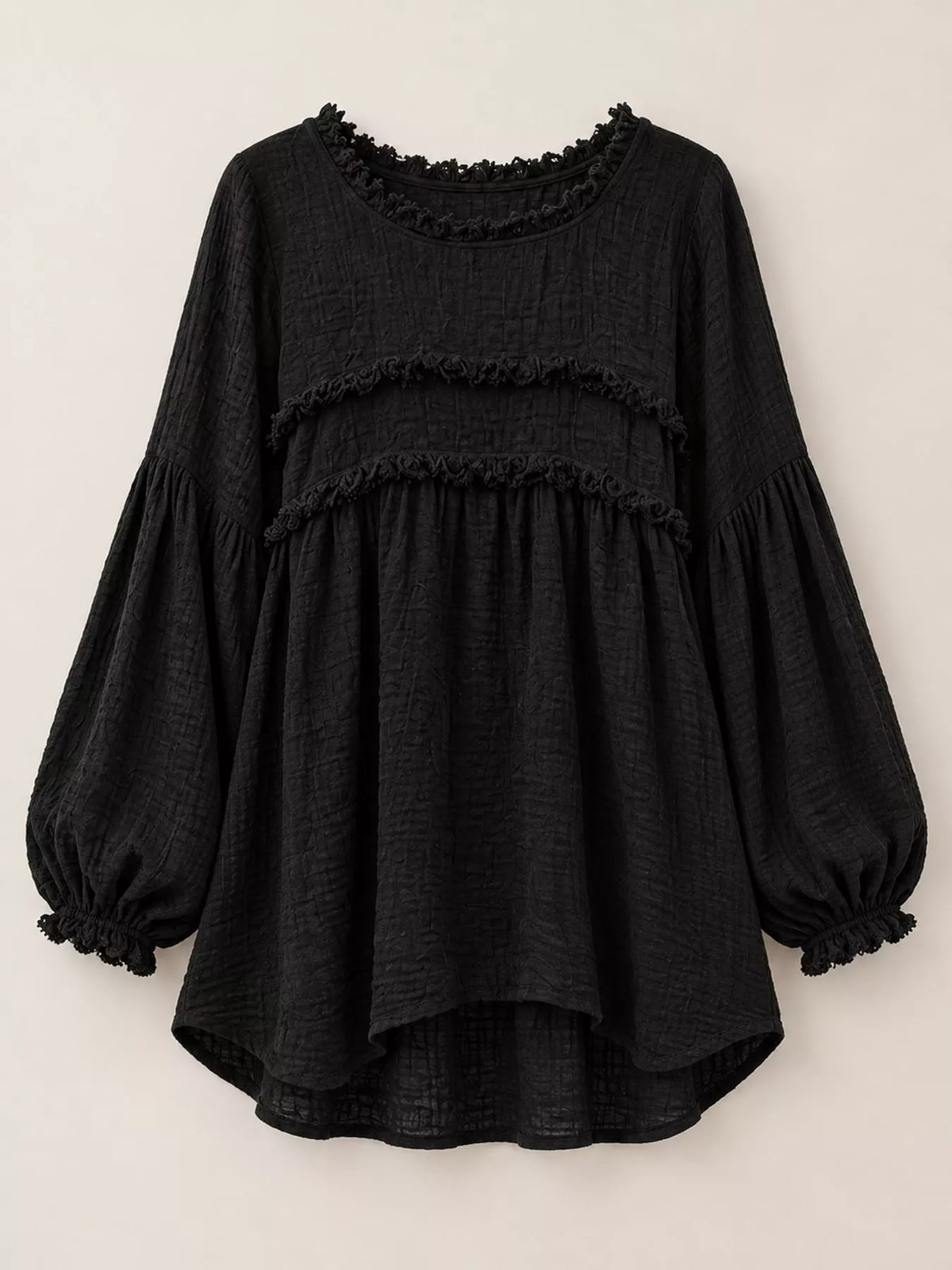 Black textured frayed-trim peplum blouse, product view