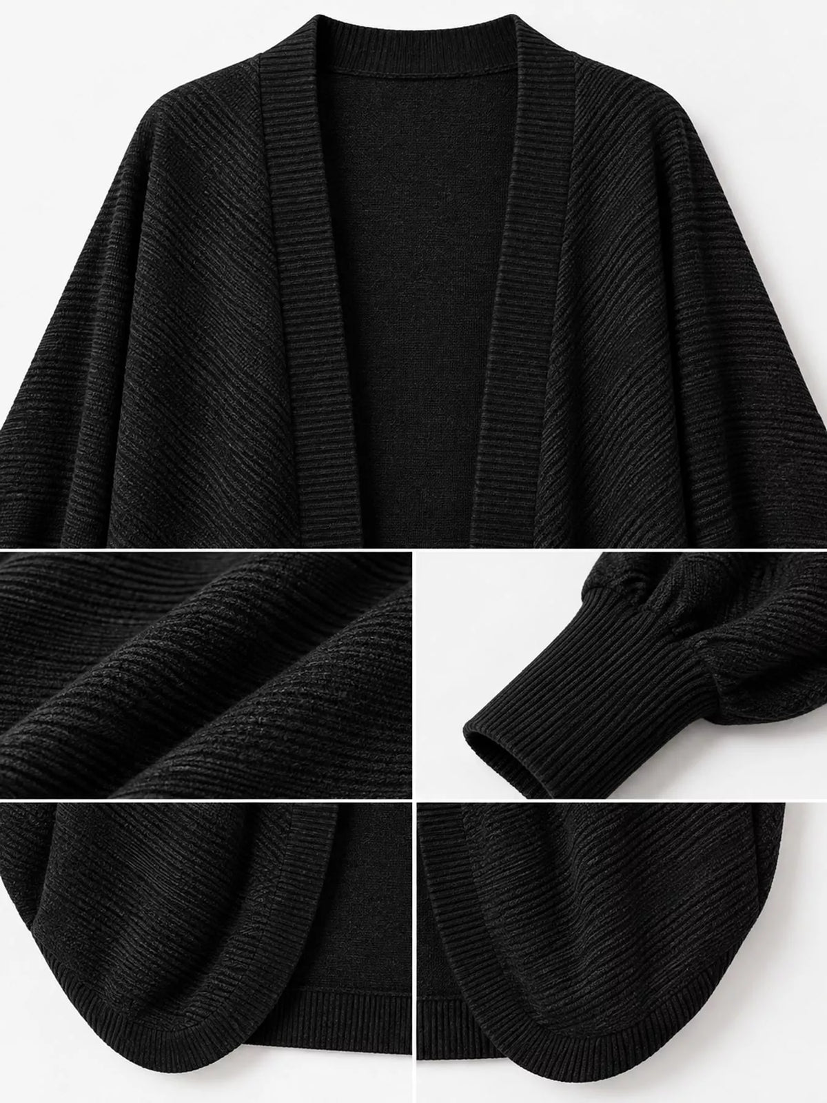 Black open-front batwing sleeve cardigan, detail view