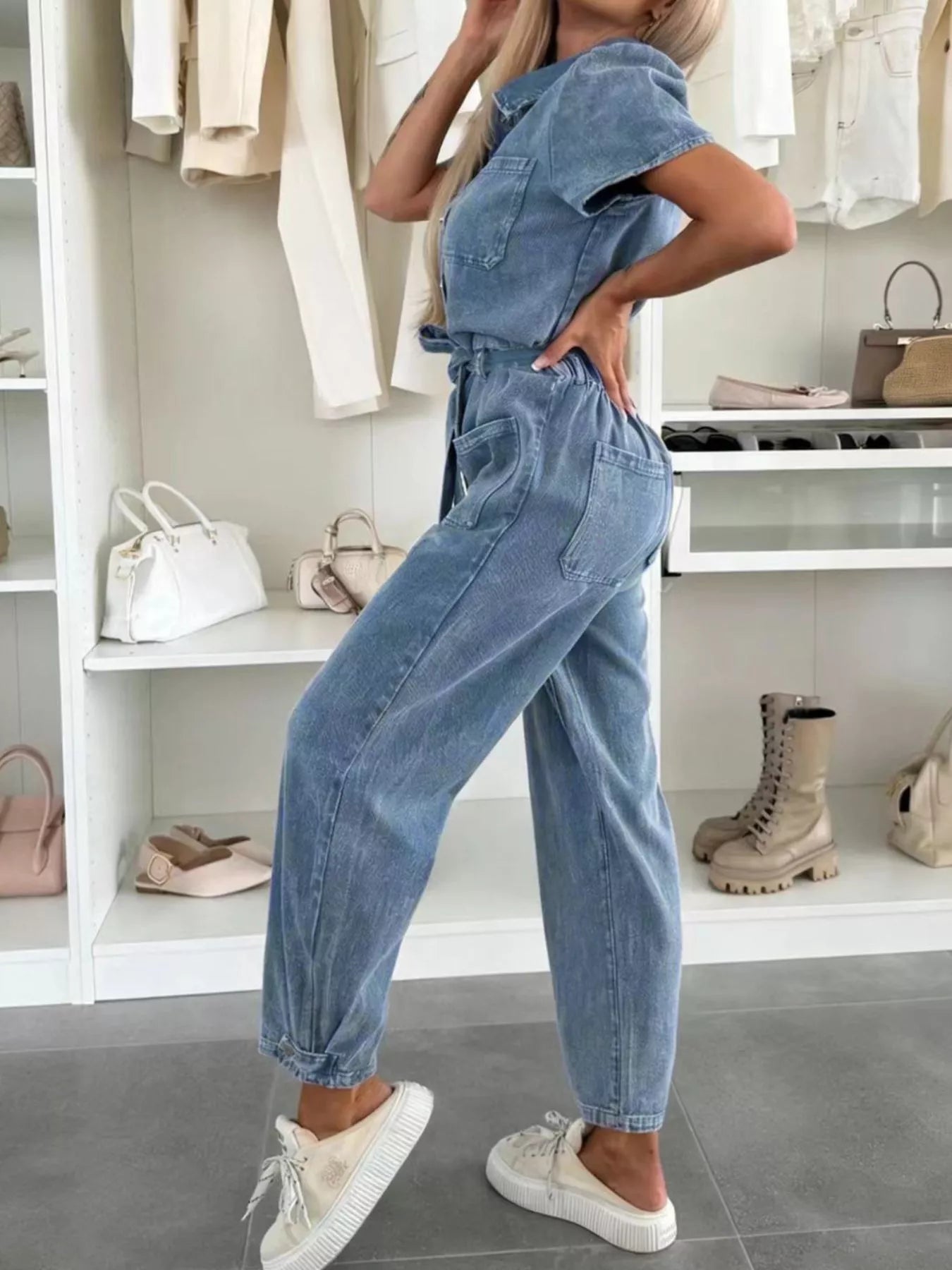 Trendsi Vintage Wash Short Sleeve Denim Jumpsuit -