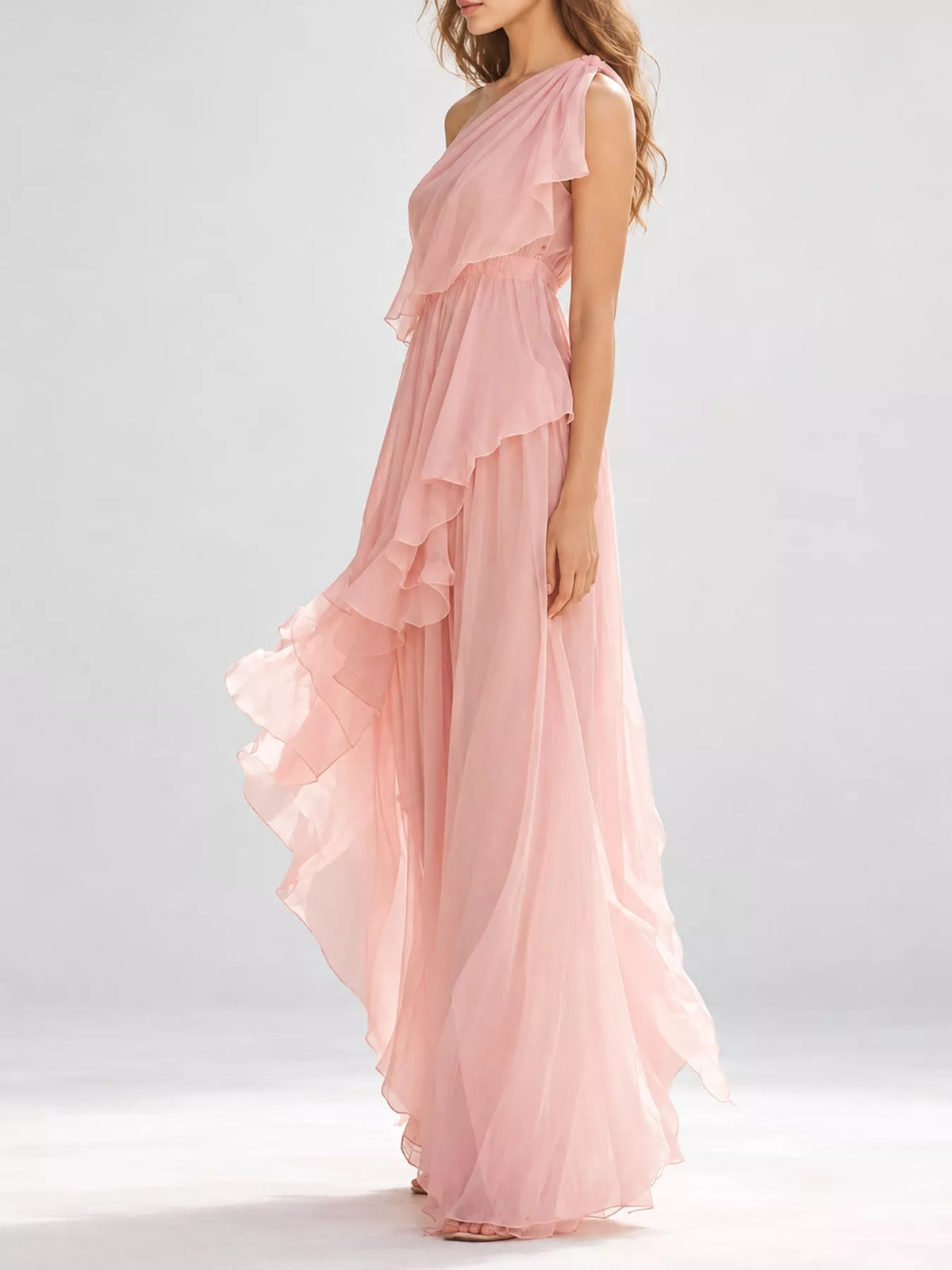 Women's One-Shoulder Ruffled Chiffon Maxi Dress in pink — side view