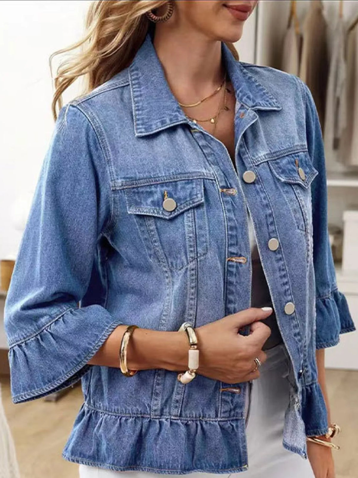 Blue ruffle hem denim jacket, front view
