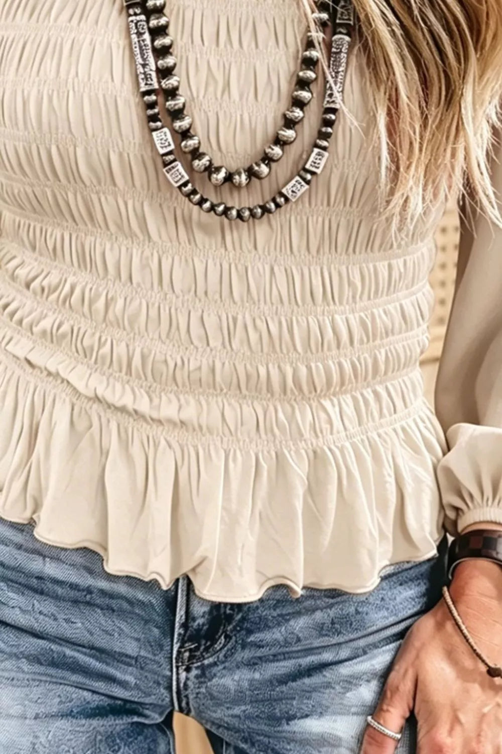 Trendsi Smocked Balloon Sleeve Peplum Blouse -