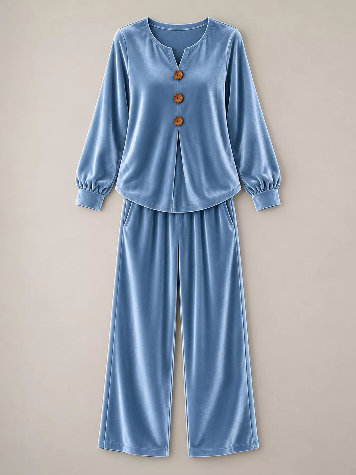 Blue decorative button top and pants set — front view