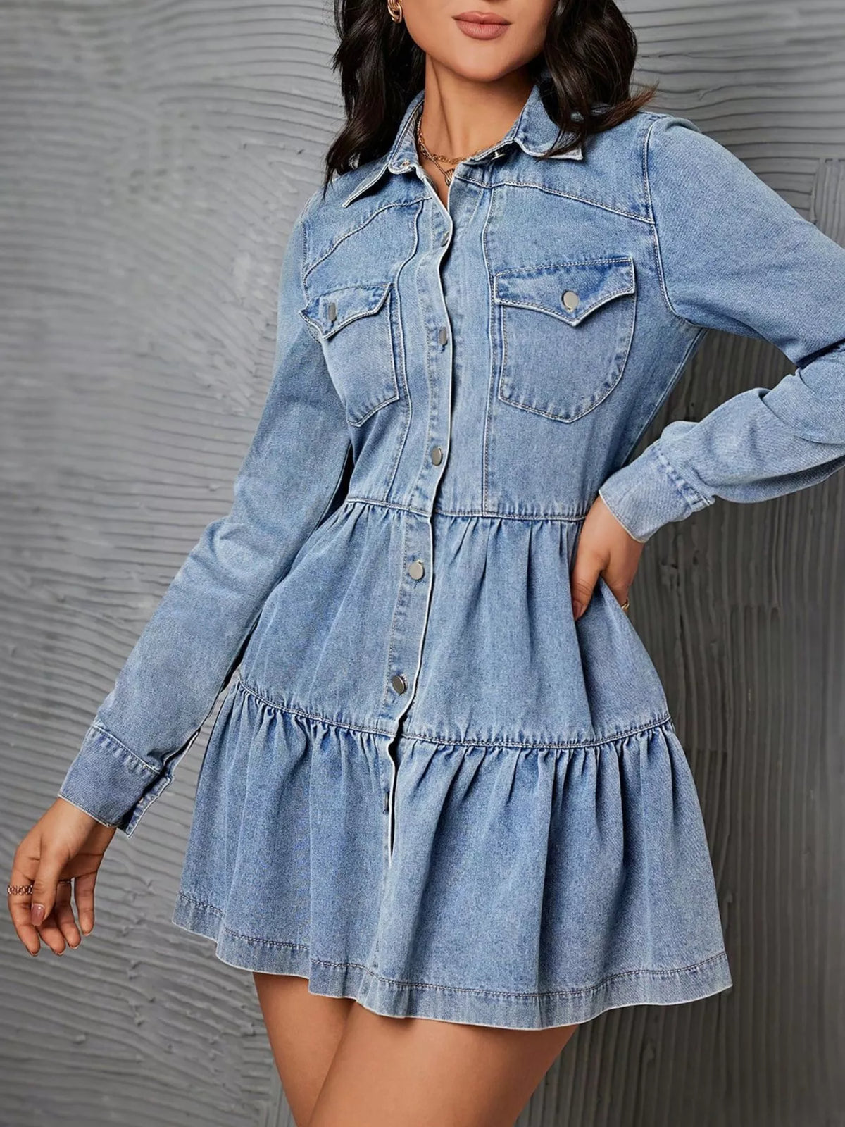 Tiered denim dress, blue front