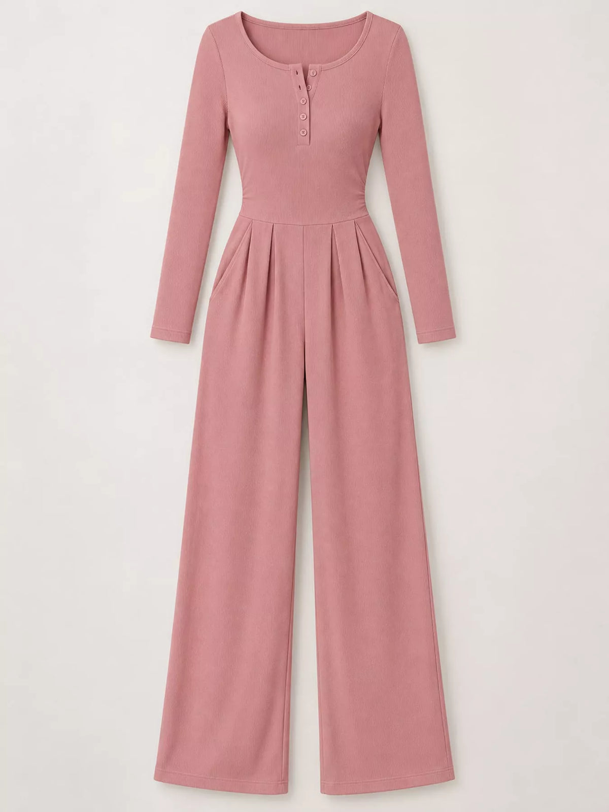 Long Sleeve Ribbed Knit Wide-Leg Jumpsuit — garment front