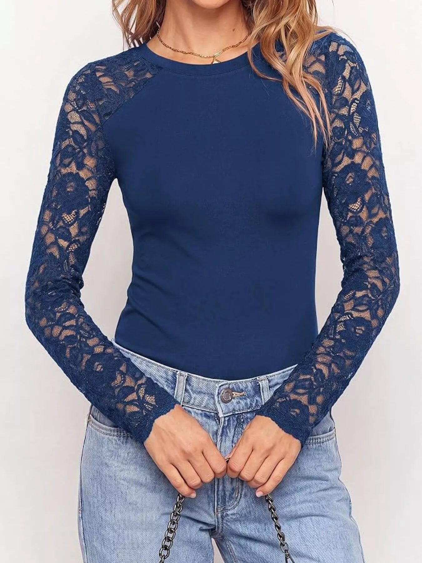 Trendsi Lace Long Sleeve Round Neck T-Shirt -