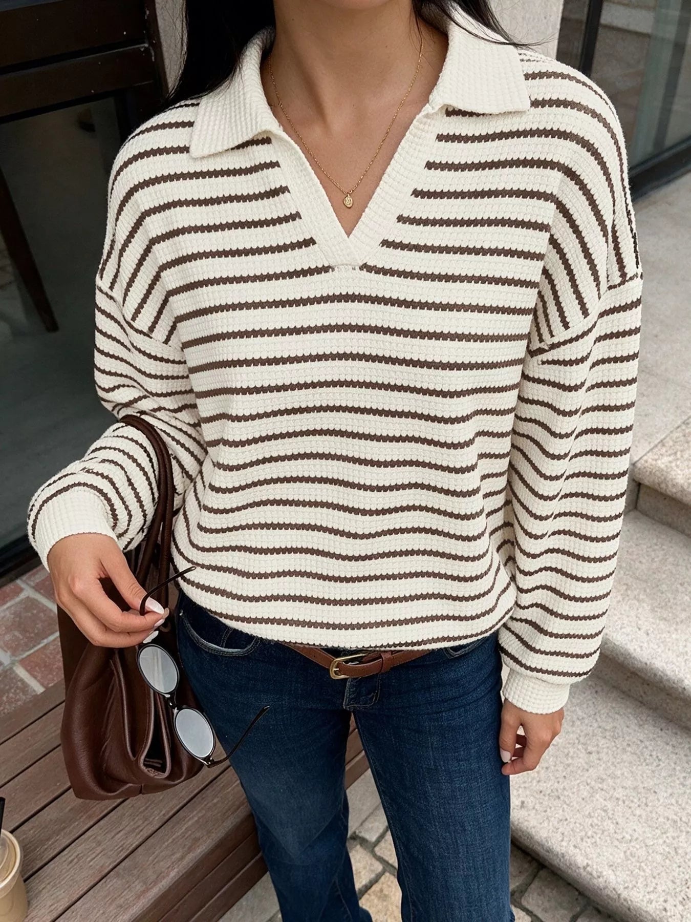 Trendsi Striped Polo Collar Knit Sweatshirt -