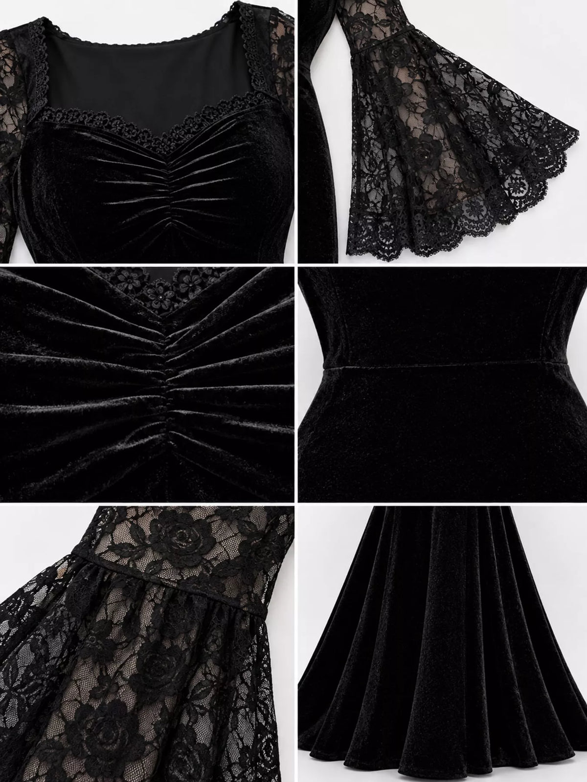 Black lace flare sleeve maxi dress — design and construction details