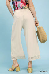Trendsi Umgee Linen Wide Leg Cropped Pants with Lace Trim -
