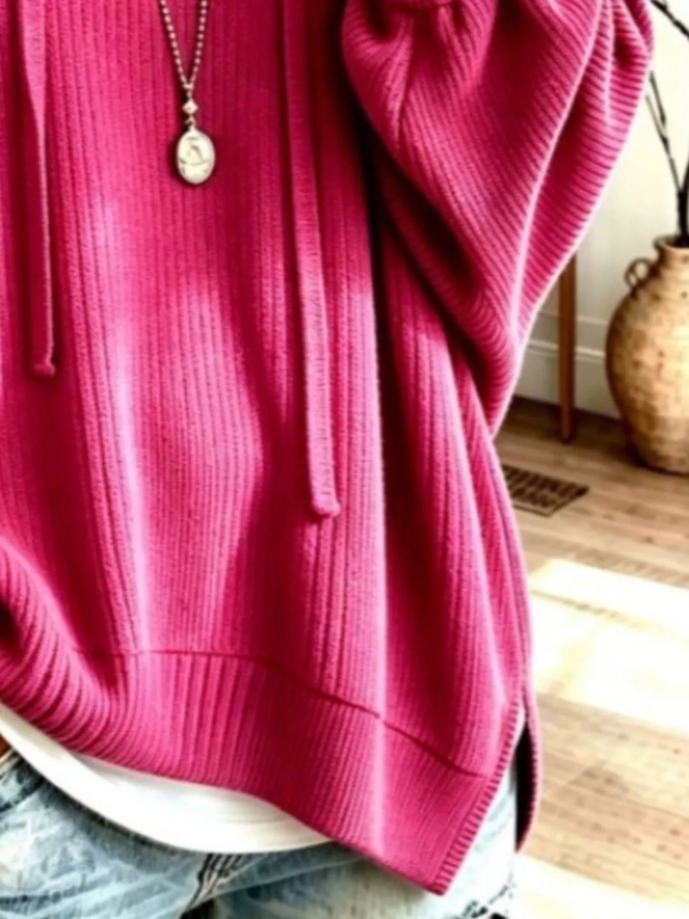 Trendsi Drawstring Ribbed Knit Hoodie -