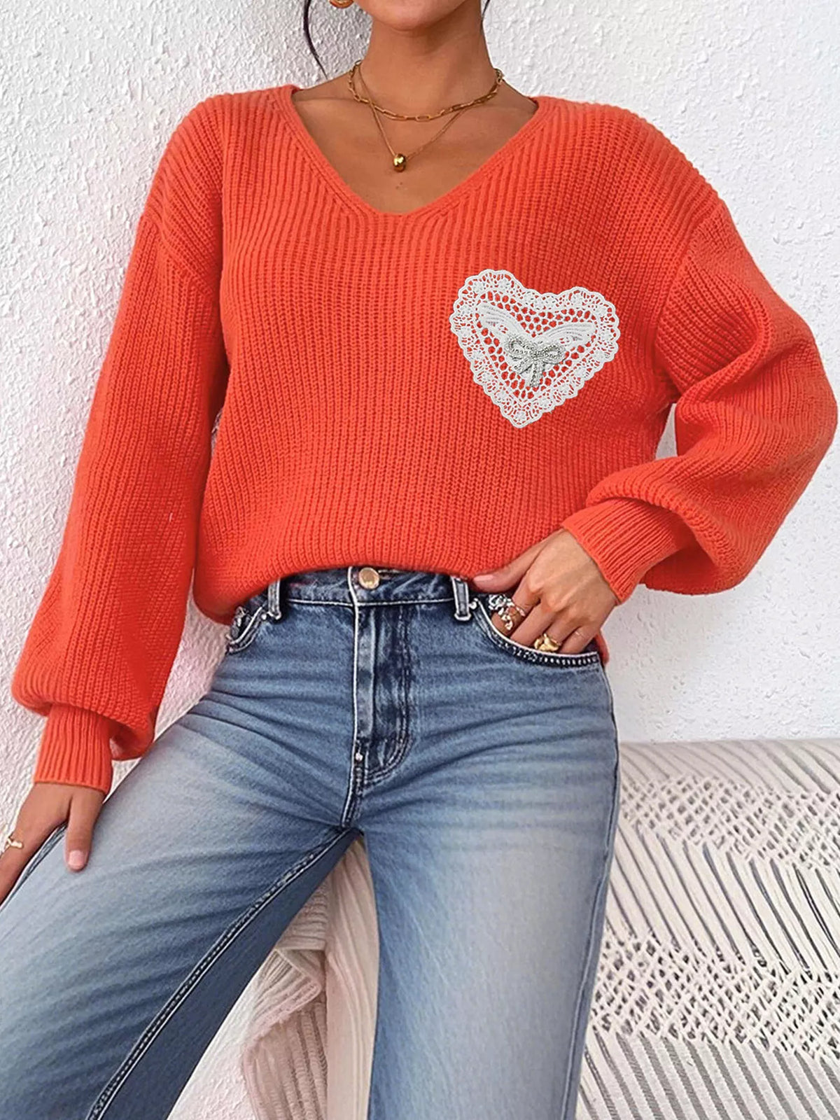 Orange Lace Heart Dropped Shoulder Sweater side view