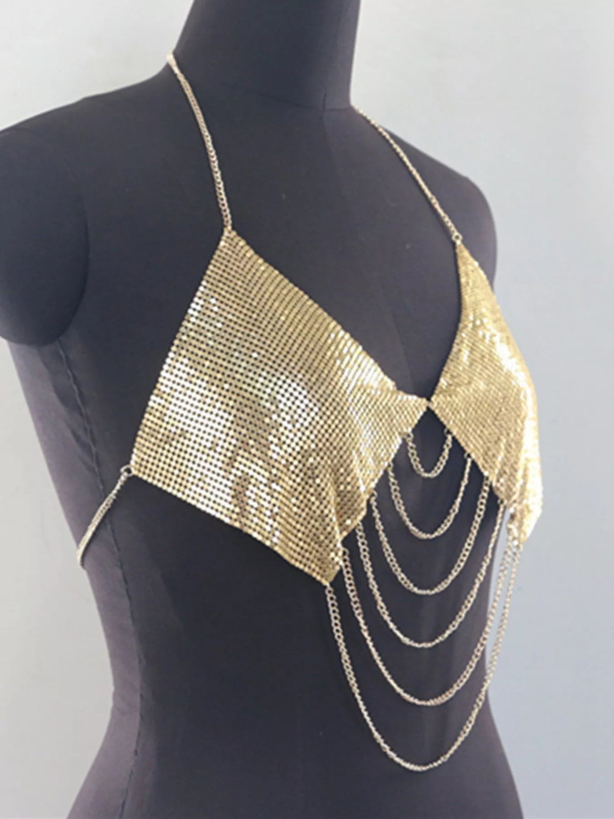Gold metallic chainmail halter cami top, side view