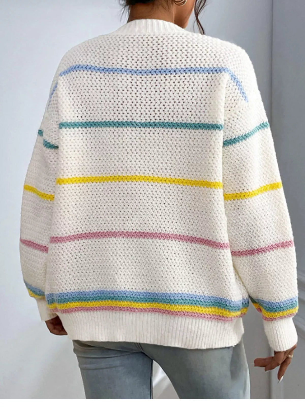 Cream with multicolored stripes striped open front knit cardigan, back view