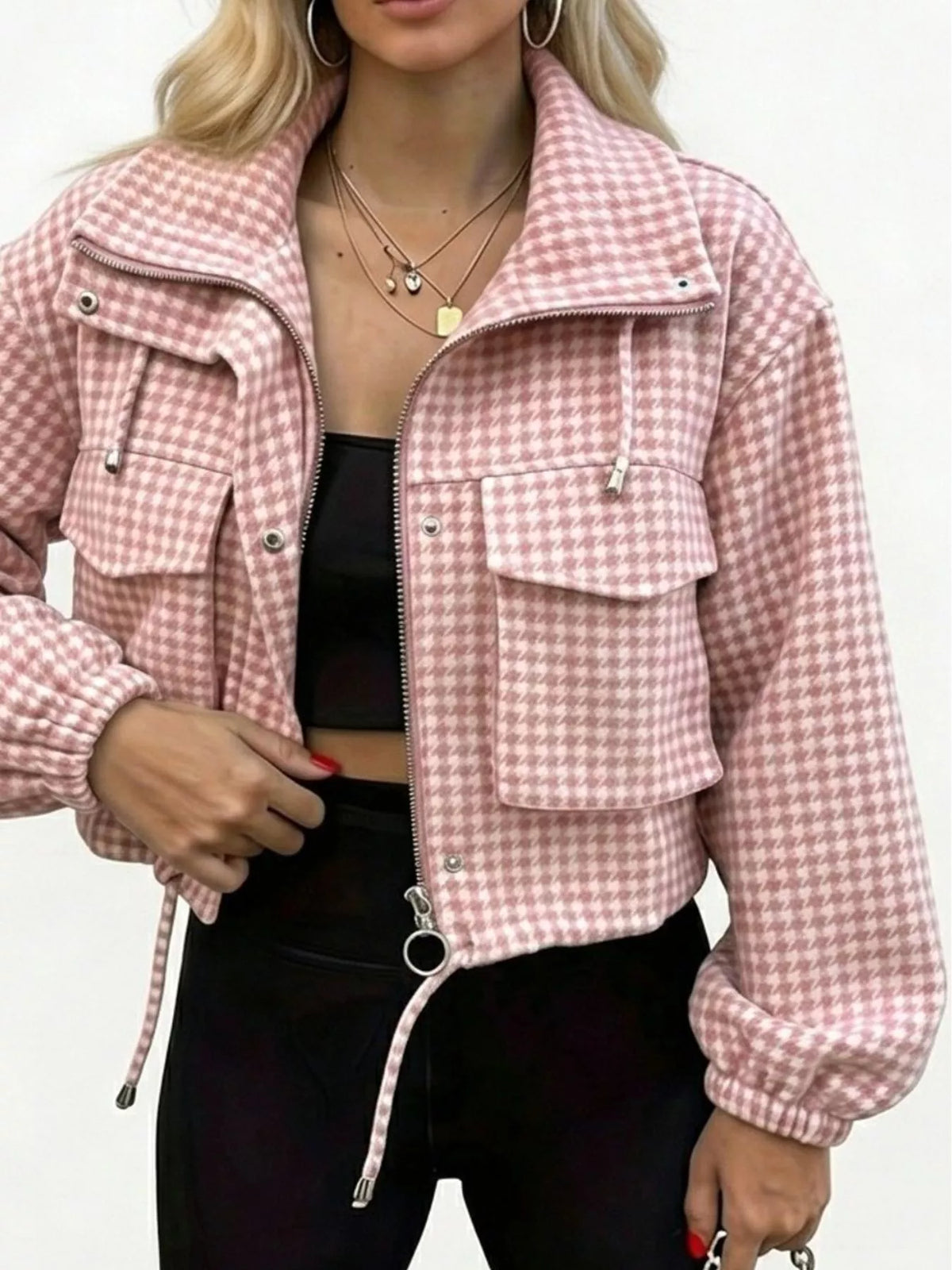 Pink plaid cropped zip-up jacket