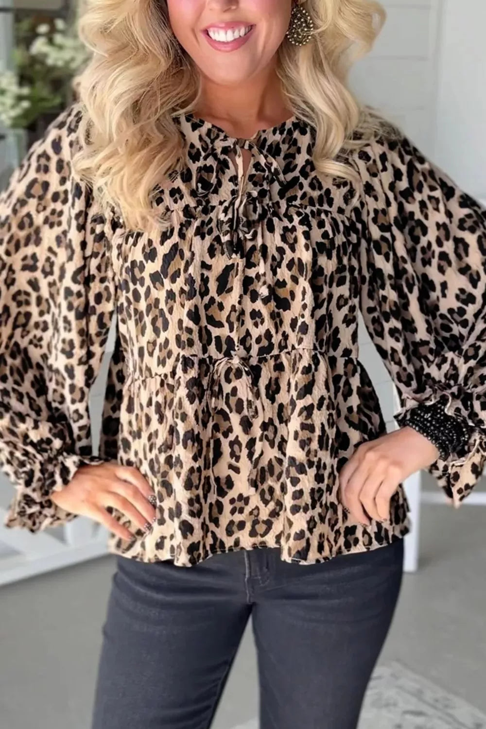 Trendsi Leopard Print Tie-Neck Blouse -