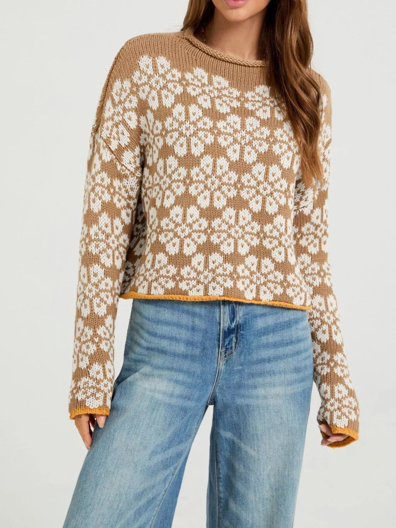 Trendsi Floral Contrast Trim Dropped Shoulder Sweater -