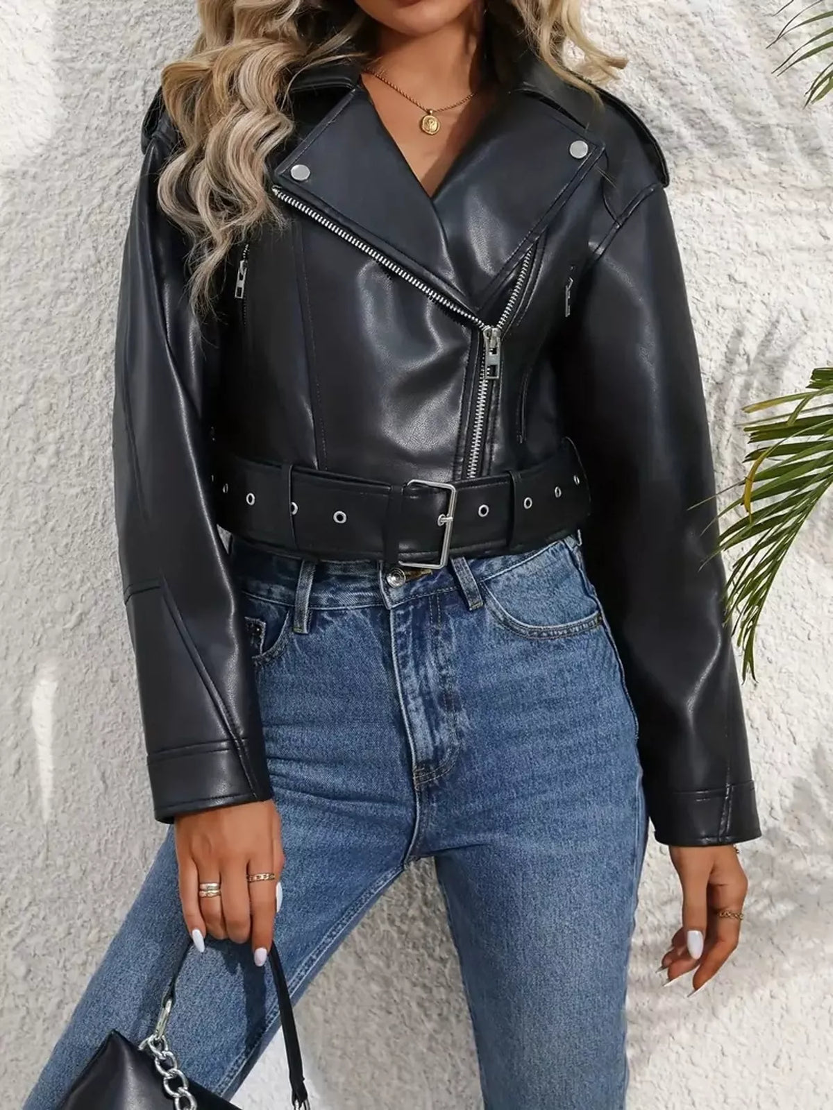 Faux Leather Zip Up Jacket in black, front view