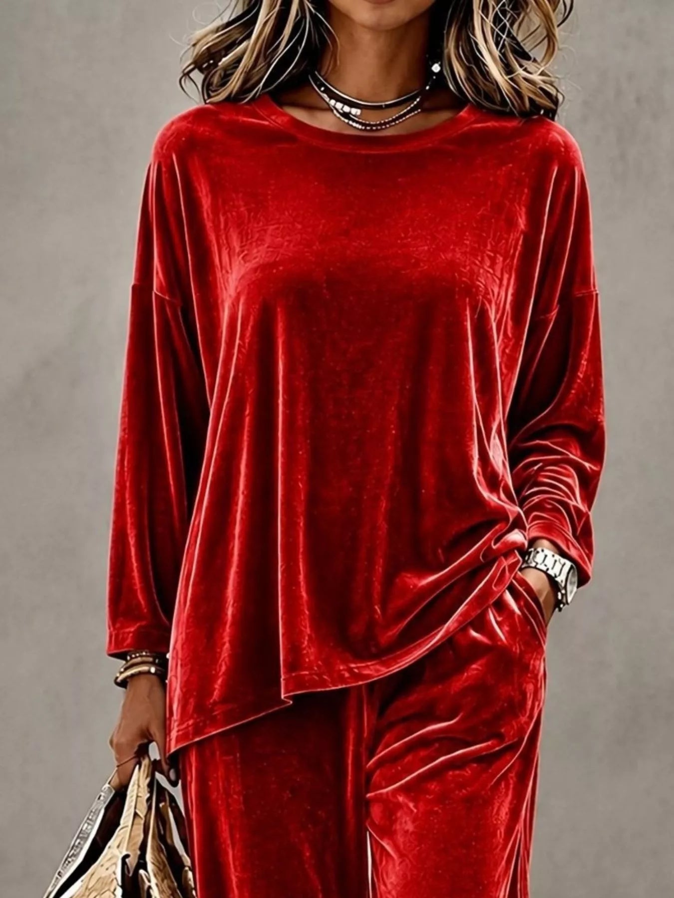Trendsi Full Size Velvet Long Sleeve Top and Pants Set Plus Size -