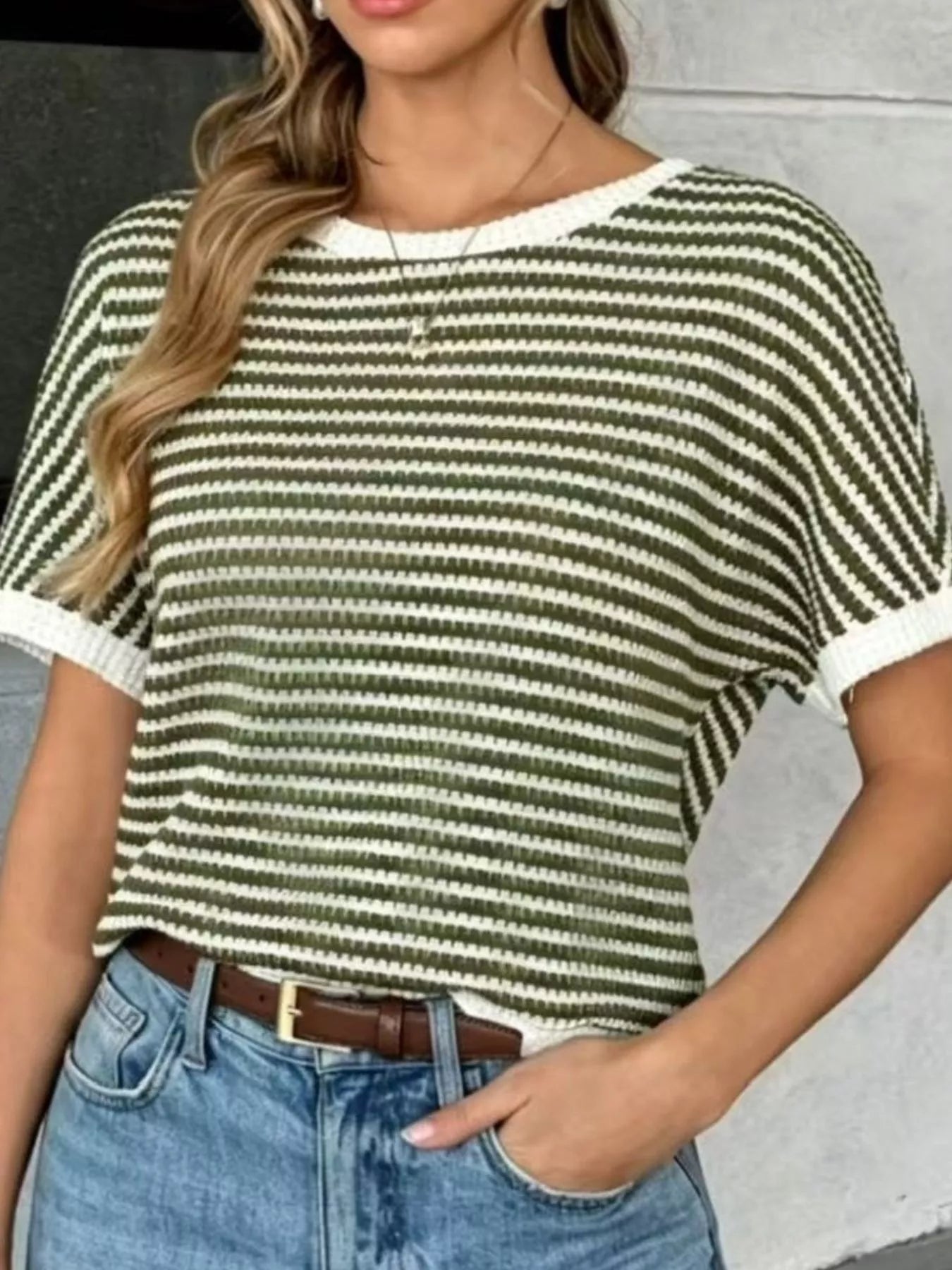 Trendsi Striped Knit Relaxed Fit T-Shirt -