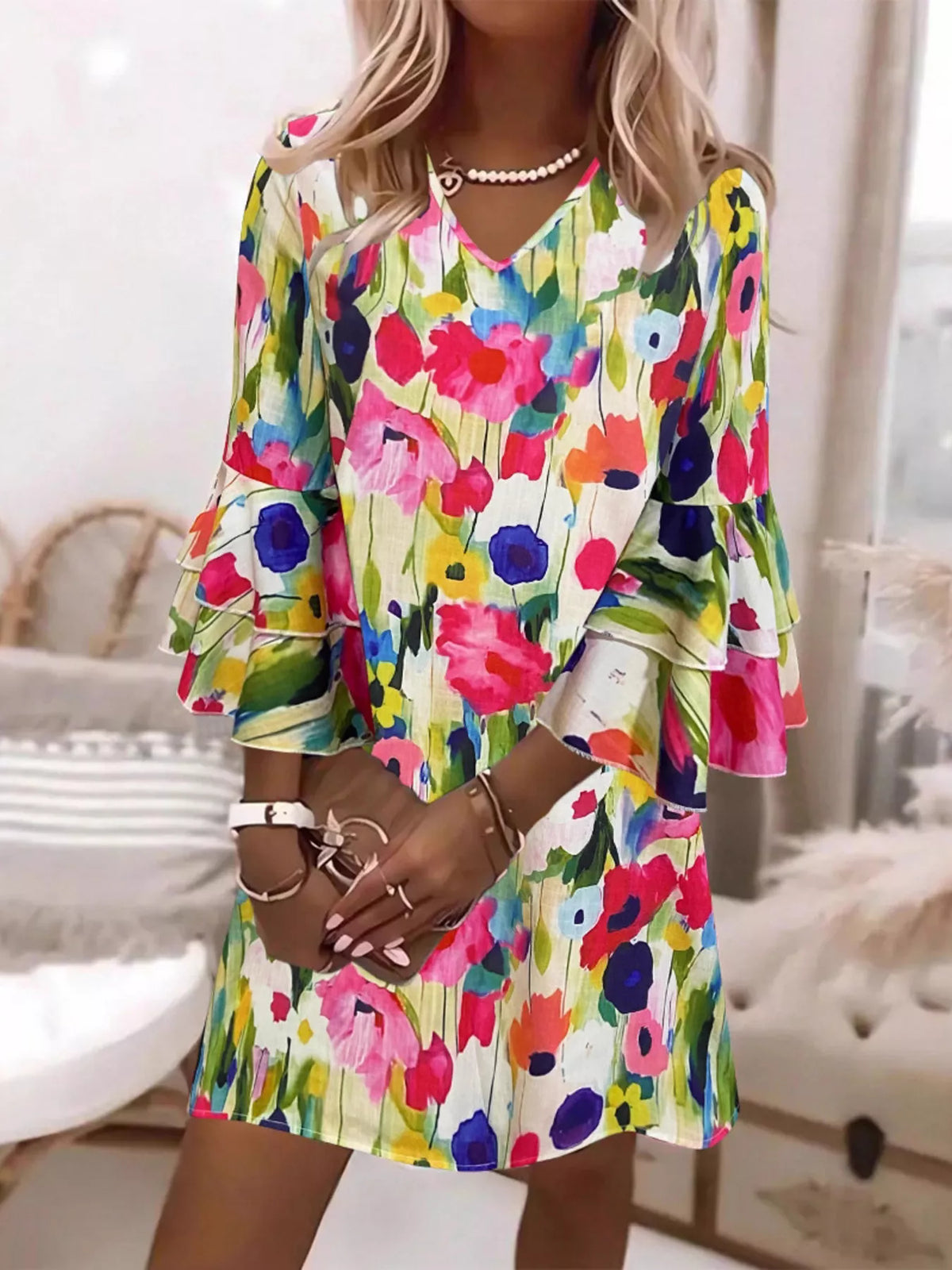 Floral Print Tiered Ruffle Sleeve Mini Dress in multicolor, front view