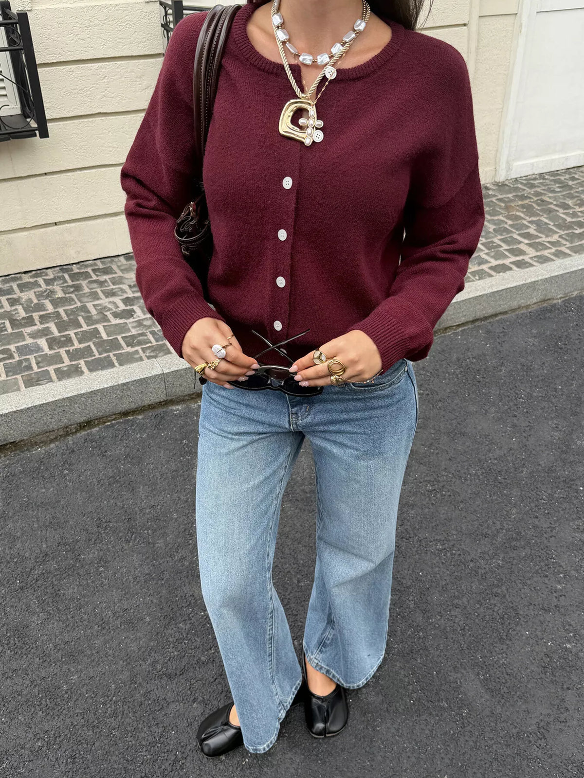 Wine red drop-shoulder button-down cardigan
