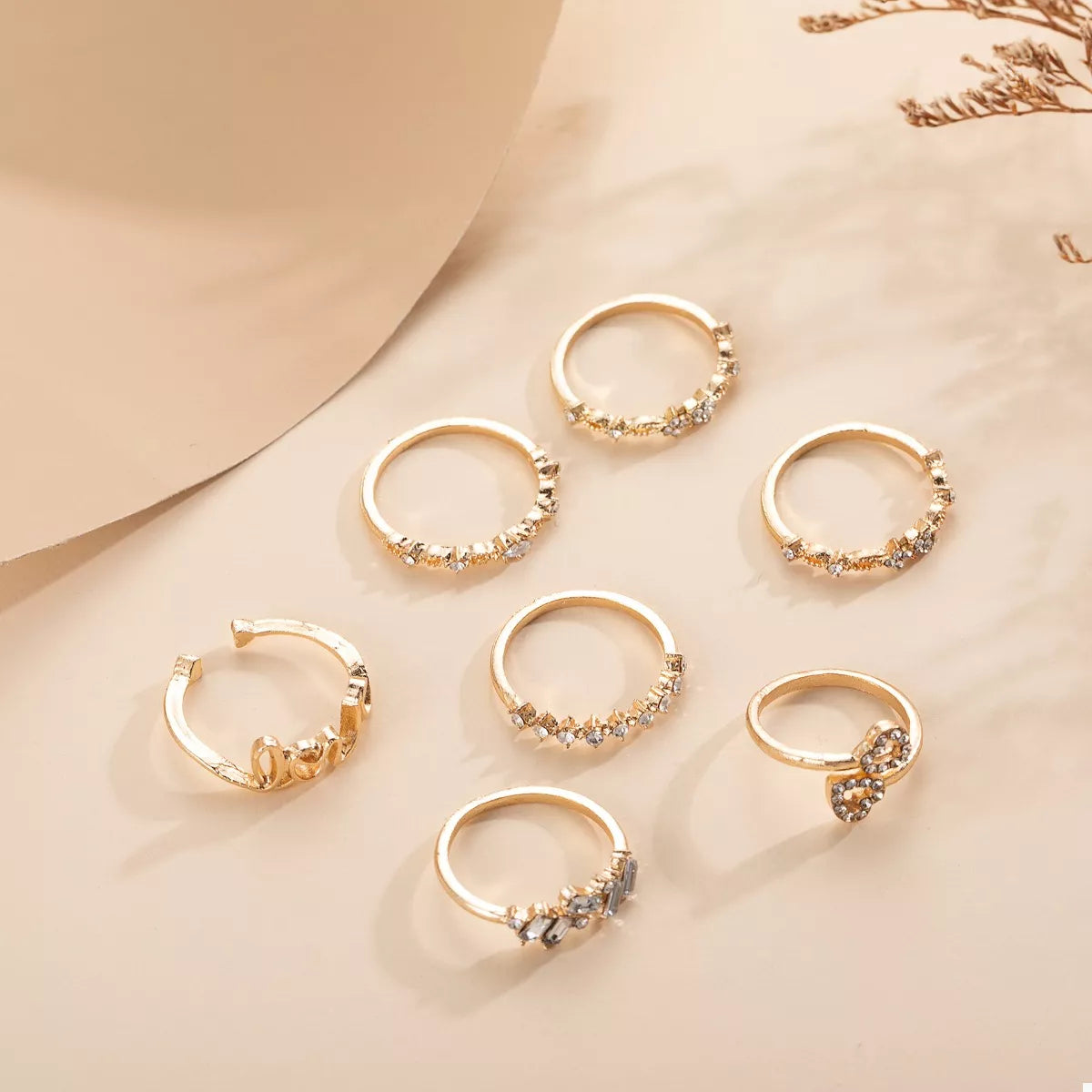 Trendsi 7 Piece 18K Gold-Plated LOVE Zircon Ring Set -