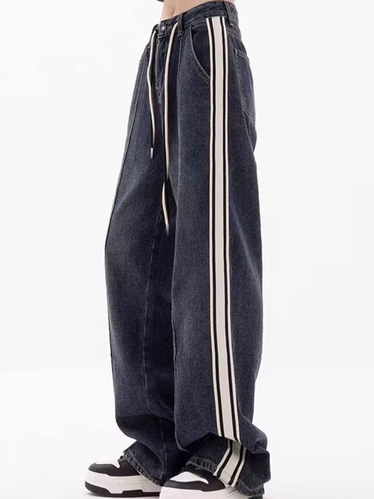 High-Waisted Wide-Leg Contrast Stripe Jeans, side view