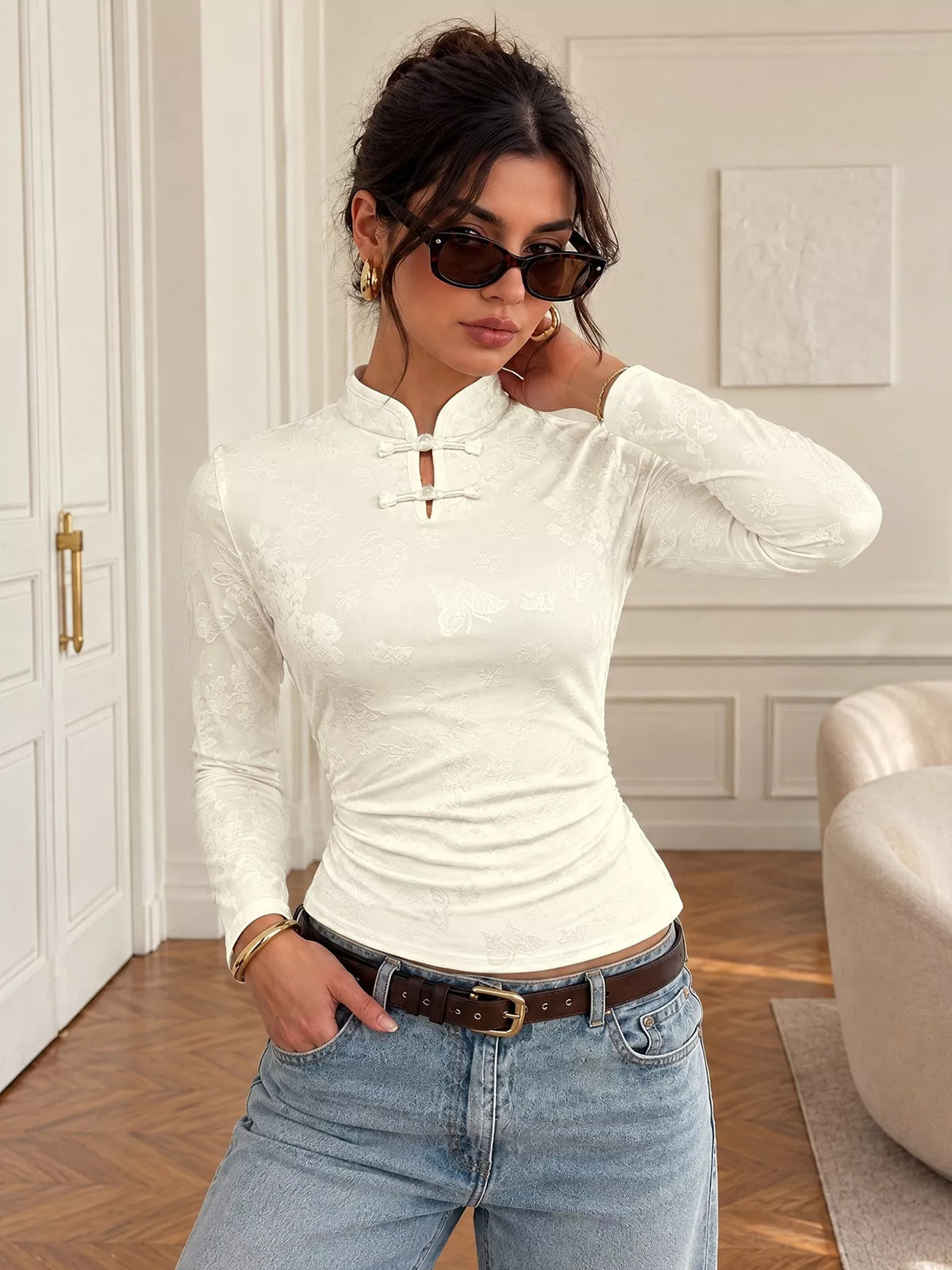 Ivory floral jacquard top with Mandarin collar and loop-button neckline