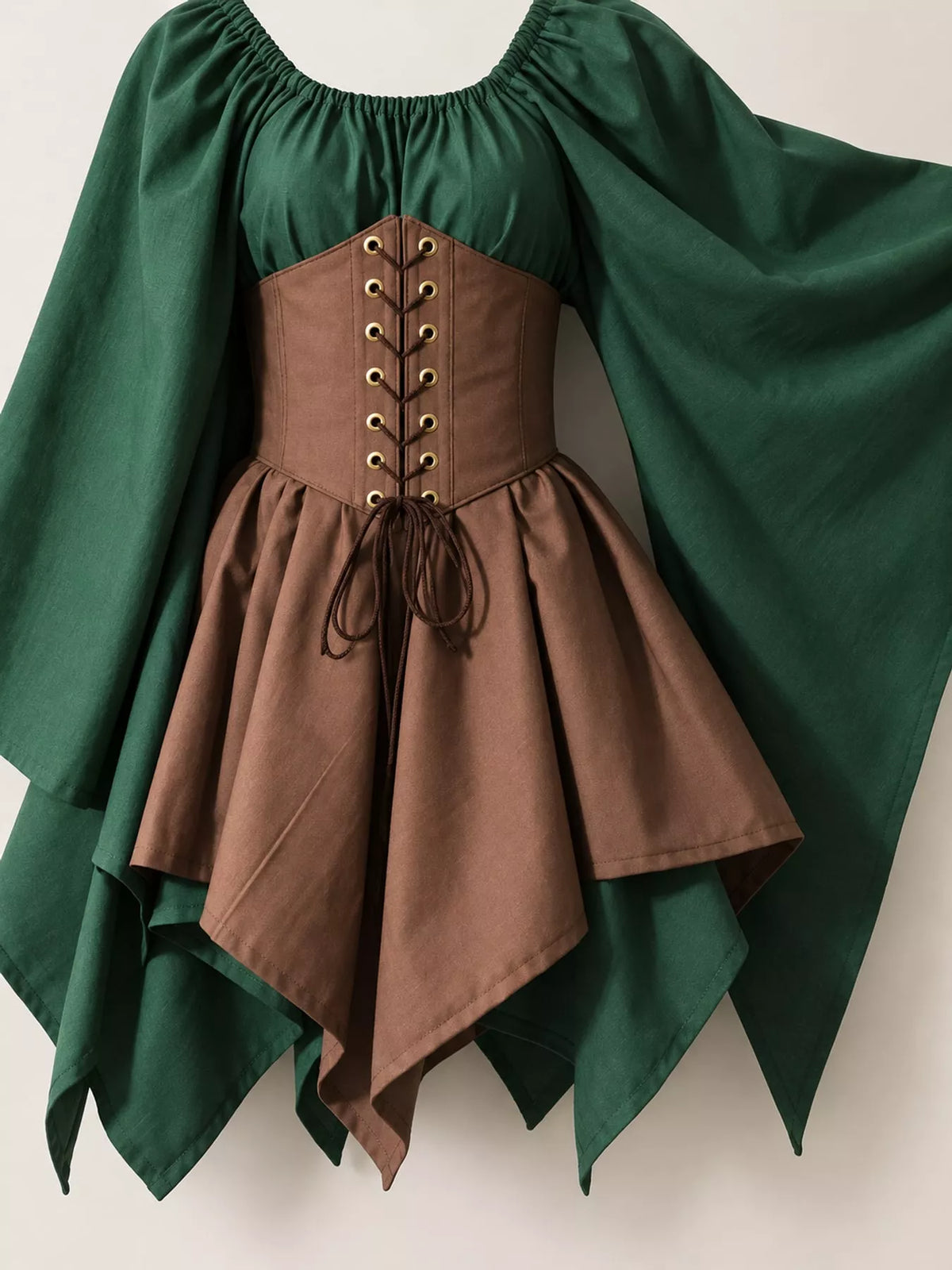 Lace-up asymmetric dress, green brown lace up bodice detail