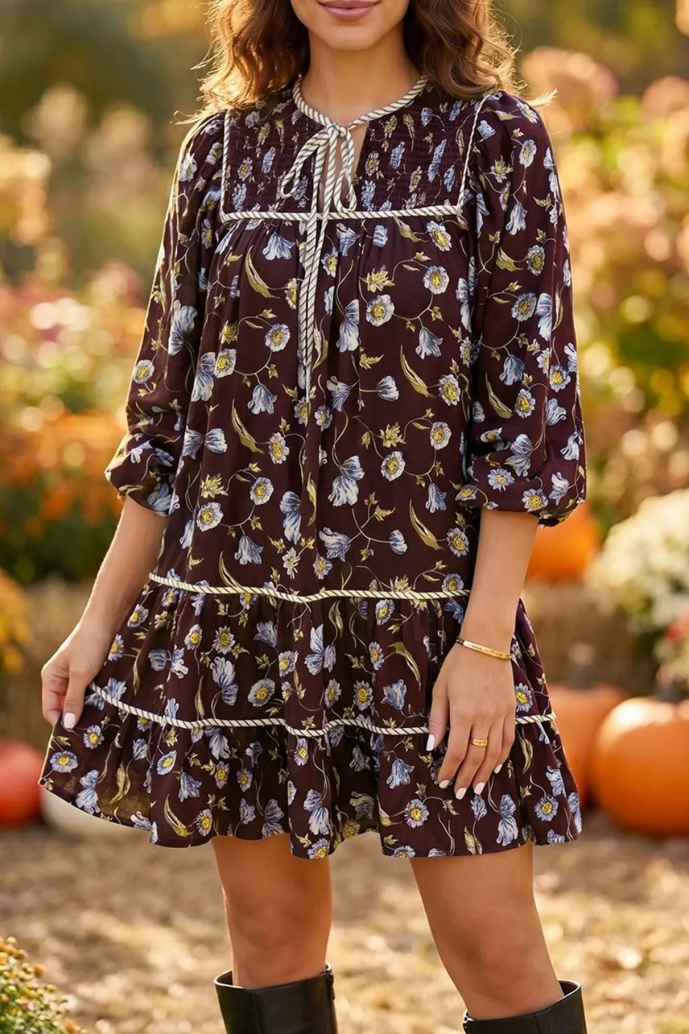 Trendsi Floral Print Shirred V Neck Shift Dress -