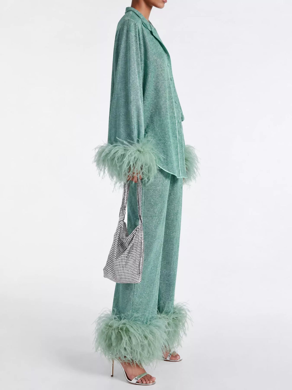 Teal feather-trimmed top and wide-leg pants set — side view