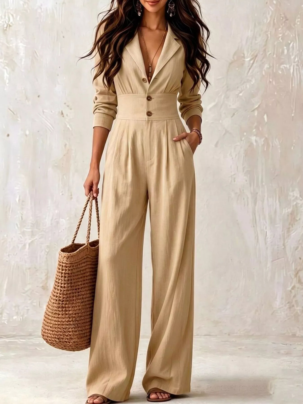Tan Lapel-Collar Button-Front Wide-Leg Jumpsuit front view