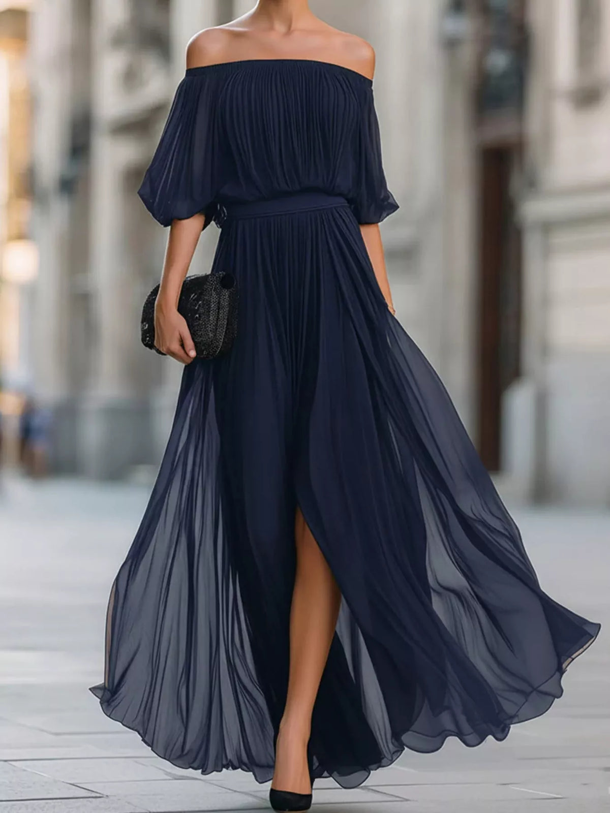 Navy off shoulder ruched chiffon maxi dress, front view