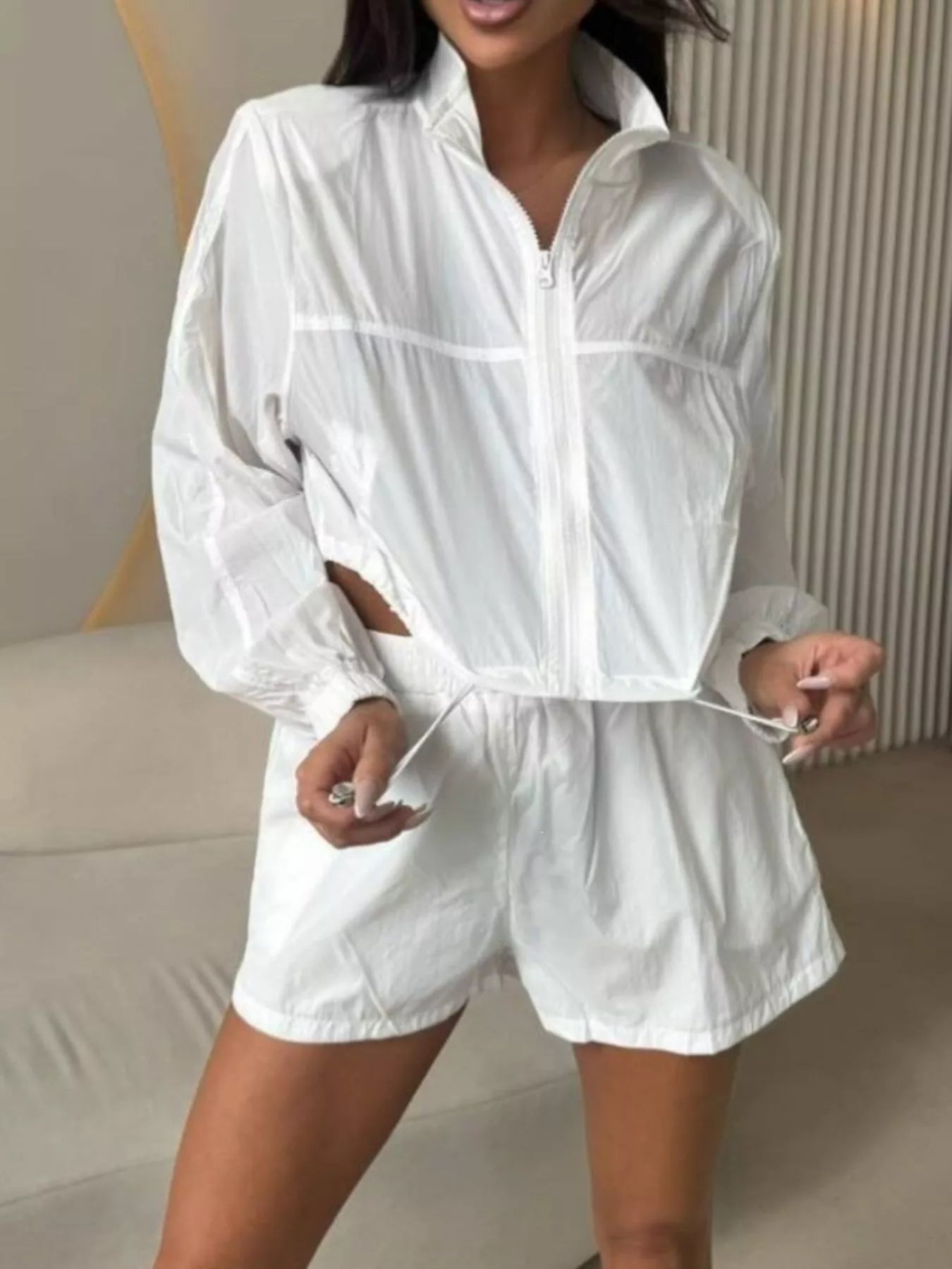 Trendsi Zip-Up Crop Jacket and High-Waisted Shorts Set -