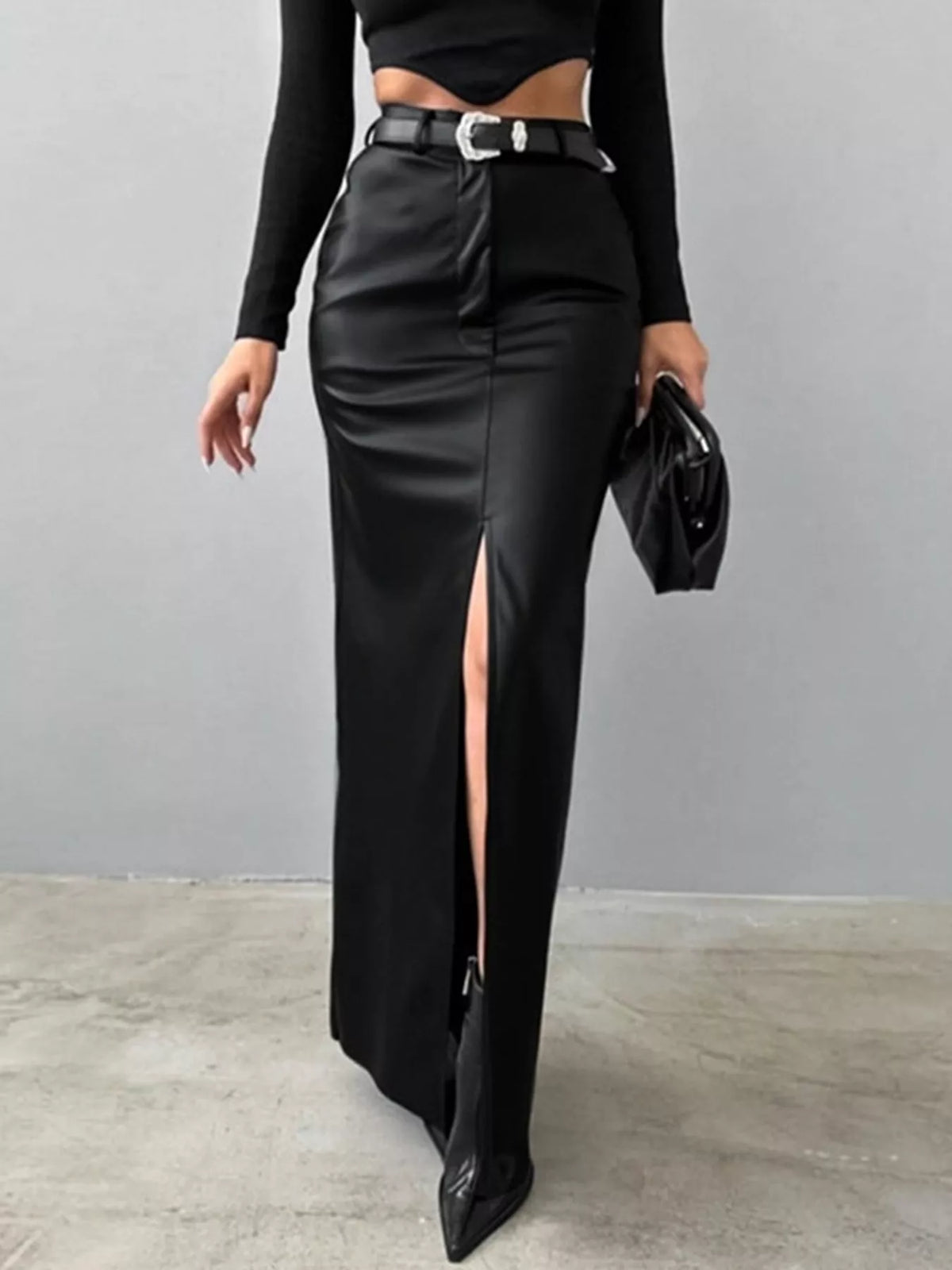 High-Waisted Faux Leather Maxi Skirt with Front Slit — front view