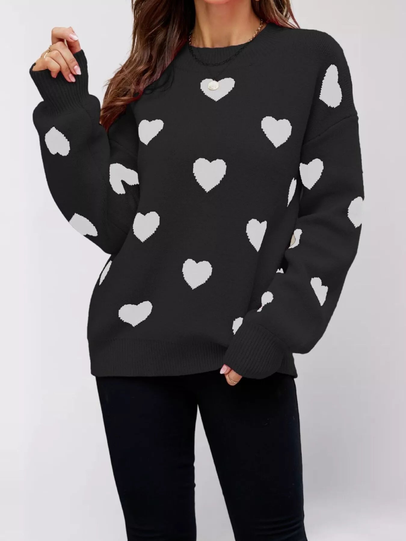 Trendsi Heart-Patterned Dropped Shoulder Sweater -