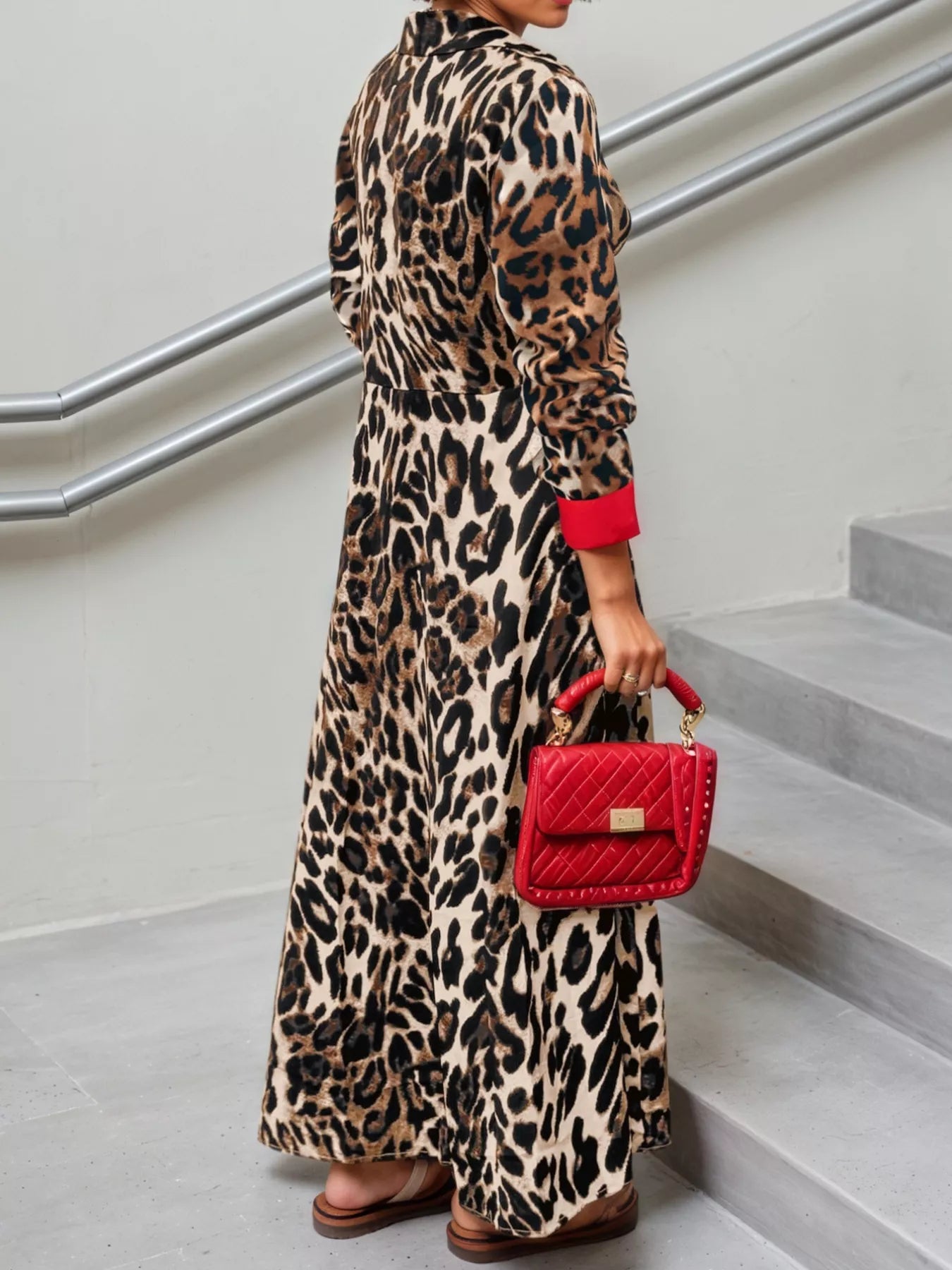 Trendsi Leopard Print Long Sleeve Shirt Dress with Contrast Trim -