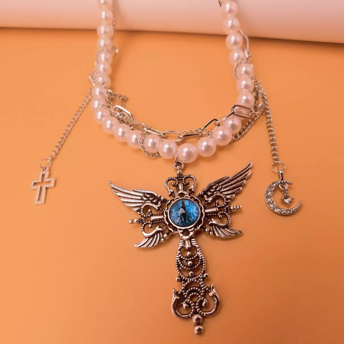 Trendsi Gothic Pearl Double Layered Necklace with Wing Pendant -