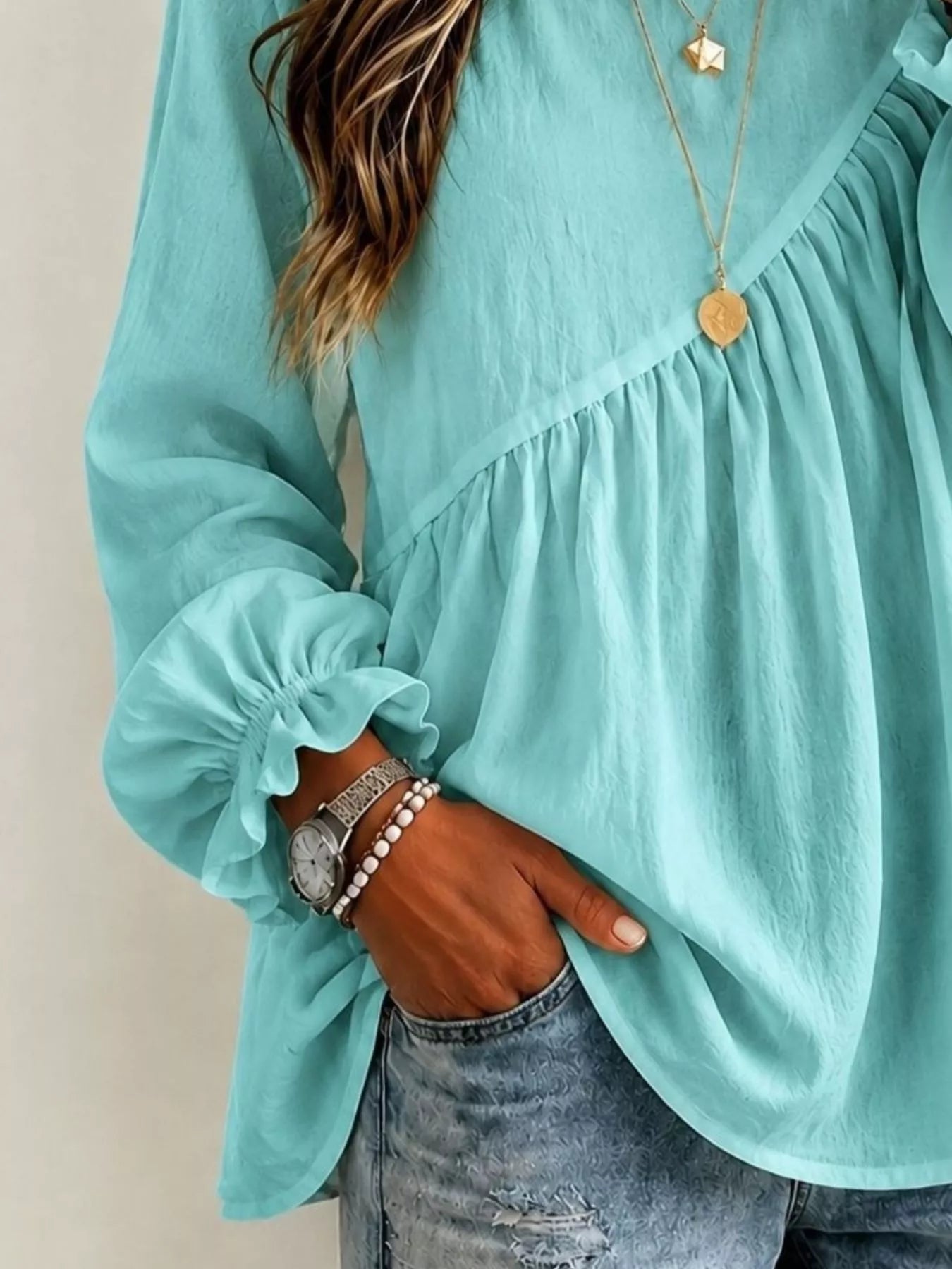 Trendsi Long Sleeve Blouse with Asymmetric Pleated Detail -